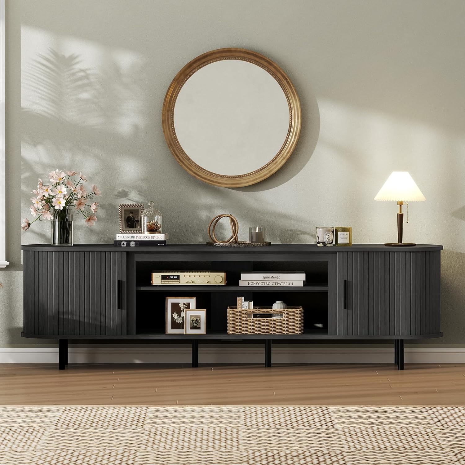 BREEZEHEAT 80'' Mid Century Fluted Modern TV Stand-Curved TV Cabinet with Storage, Sliding Doors & Adjustable Shelves-Entertainment Center for TVs Up to 90 Inches, Black Media Console for Living Room
