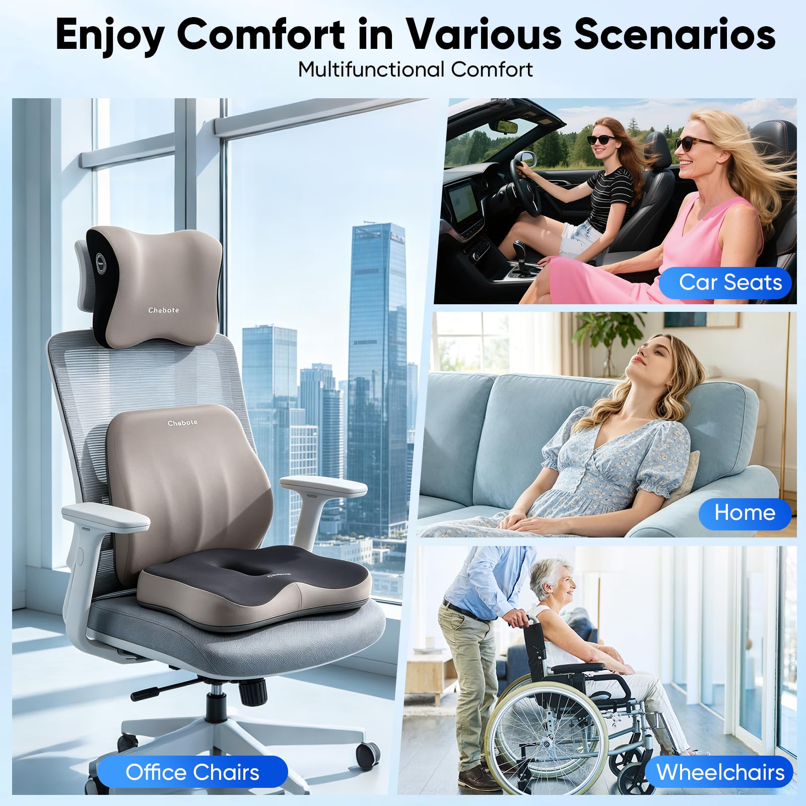 Cojín 3 en 1 para silla de oficina y cojín lumbar para coche y cuello, ergonómico ortopédico de espuma viscoelástica para asiento de coche con soporte lumbar, cojín lumbar para el dolor de espalda