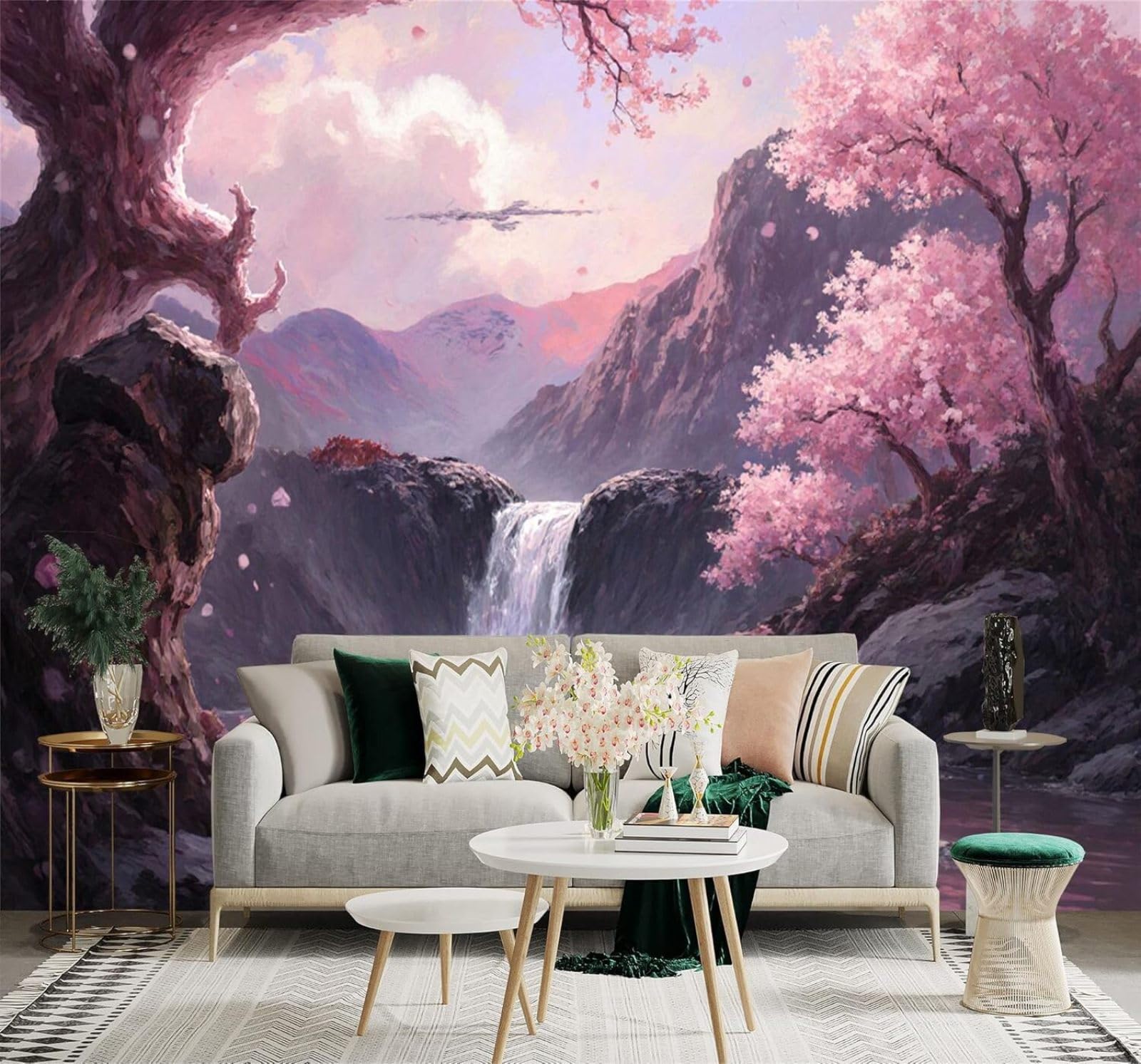 Xlming 150Cm×105Cm(B×H) Pink Cherry Blossom Trees Mountain Peaks Waterfalls Sunset Sky 3D Wallpaper Silky Texture Home Study Office Grey Dining Room Sofa Bedroom Living Room Tv Backdrop-150Cm×105Cm
