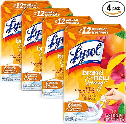 Lysol Click Gel Automatic Toilet Bowl Cleaner, Gel Toilet Bowl Cleaner, For Cleaning and Refreshing Mango & Hibiscus, 6 applicators (Pack of 4, 24 Count Total)
