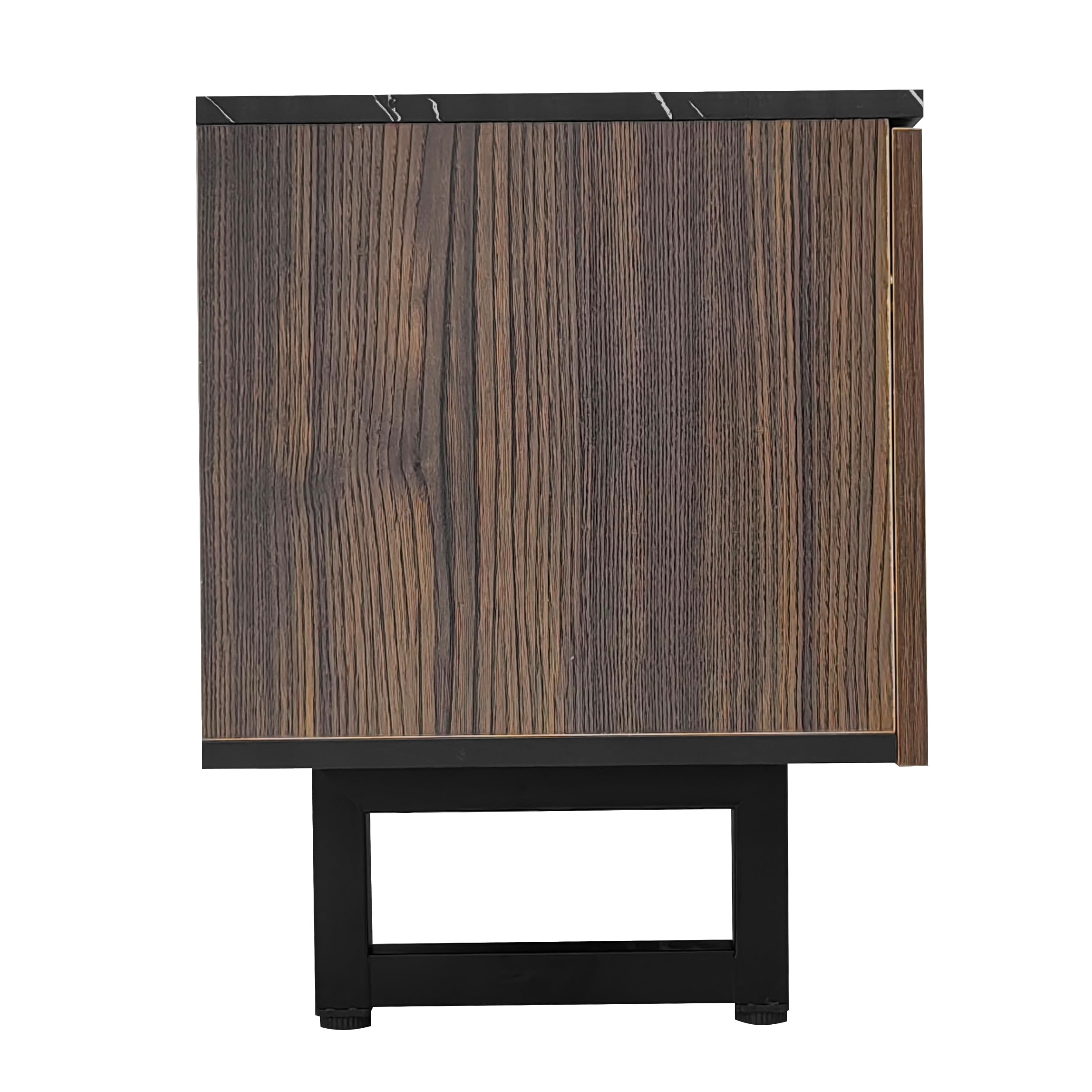 Mueble de TV de 200 cm con aspecto de mármol negro, puertas de vetas de madera oscura, iluminación LED ajustable, dos puertas y dos cajones, adecuado para robot aspirador, 200 x 50 x 38 cm
