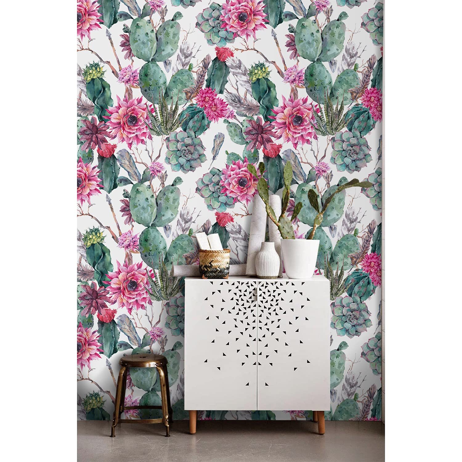 Papier peint latex pour salon et cuisine ambiance bohème fleurie motif grand cactus