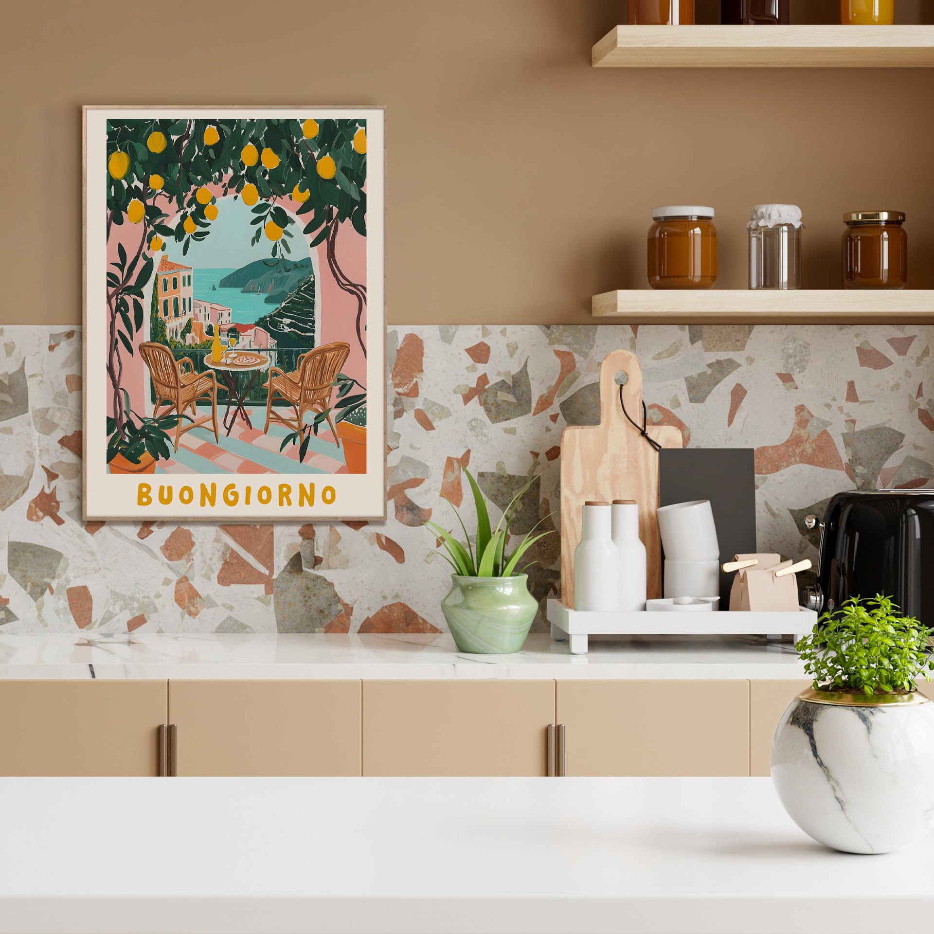 STYLER Bild Buongiorno 50x70 cm mit Holzrahmen – Italienisches Balkon-Motiv mit Zitronen – Lebendig Modern Minimalistisch Wandbild Deko