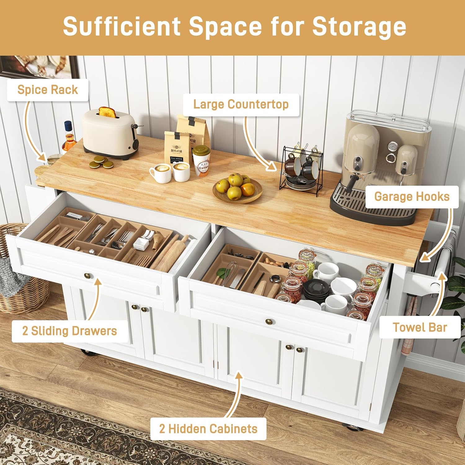 Hlivelood 63" Movable Kitchen Island with Drop Leaf and Power Outlet, Rolling Island Cart w/Storage Cabinet, Island Table on Wheels for Kitchen w/2 Drawers, Spice Rack, Towel Bar, Garage Hook, White