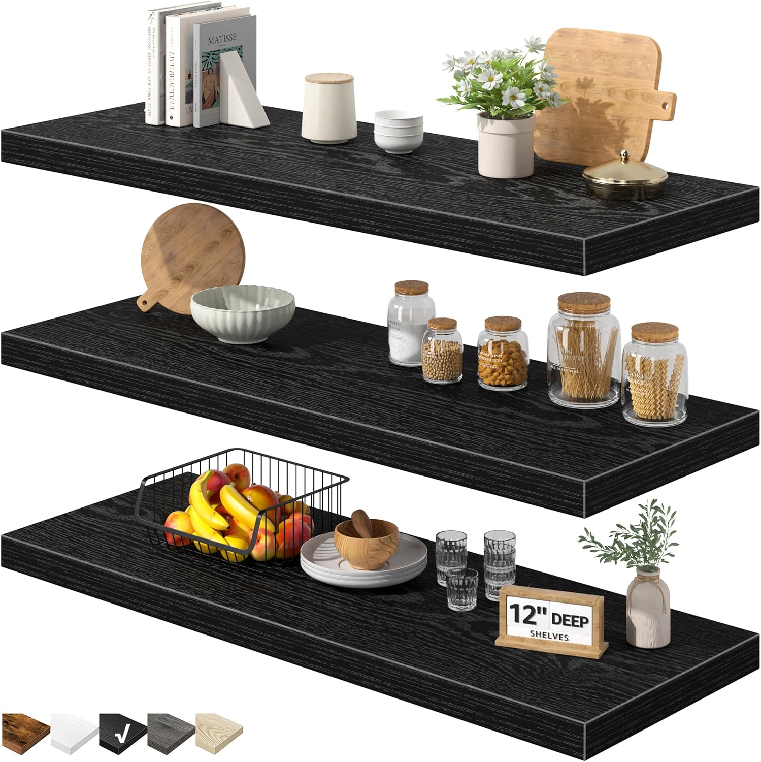 QEEIG 12" Deep Floating Shelves for Wall - 12 x 36 inch Book Shelf Bathroom Bedroom Kitchen Living Room Hanging Bookshelf Farmhouse Set of 3, Black (026-90B3) 12"D x 35.4"W Black