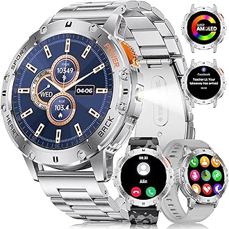 LIGE Military Smart Watch for Men(Answer/Make Call)-3 Straps,1.43" AMOLED Upgraded Outdor 530mAh Sports Smartwatch with Flashlight/Heart Rate/Sleep Monitor/IP68, Silver Fitness Tracker for Android iOS
