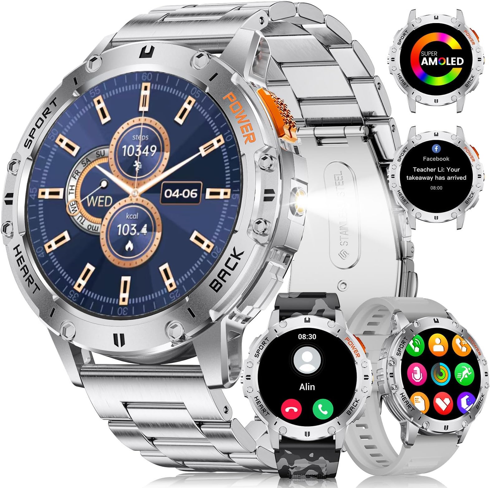 LIGE Military Smart Watch for Men(Answer/Make Call)-3 Straps,1.43" AMOLED Upgraded Outdor 530mAh Sports Smartwatch with Flashlight/Heart Rate/Sleep Monitor/IP68, Silver Fitness Tracker for Android iOS