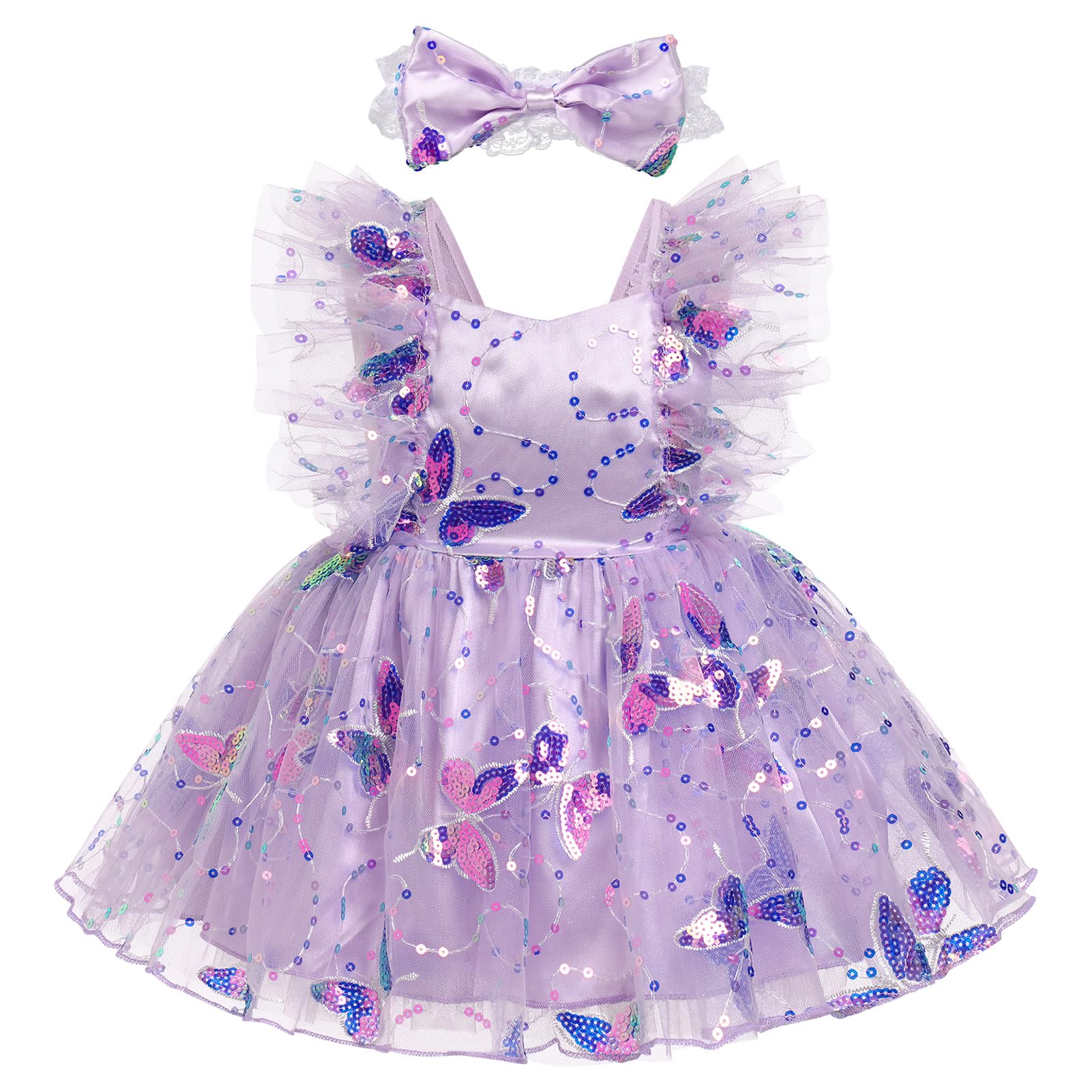 IMEKIS Toddler Butterfly Dress: First 1st 2nd 3rd Birthday Outfit Girl Shiny Sequin Tulle Dress Cake Smash Photoshoot Kids Princess Formal Spring Party Baby Pageant Dress Lilac Butterfly 12-18 Months