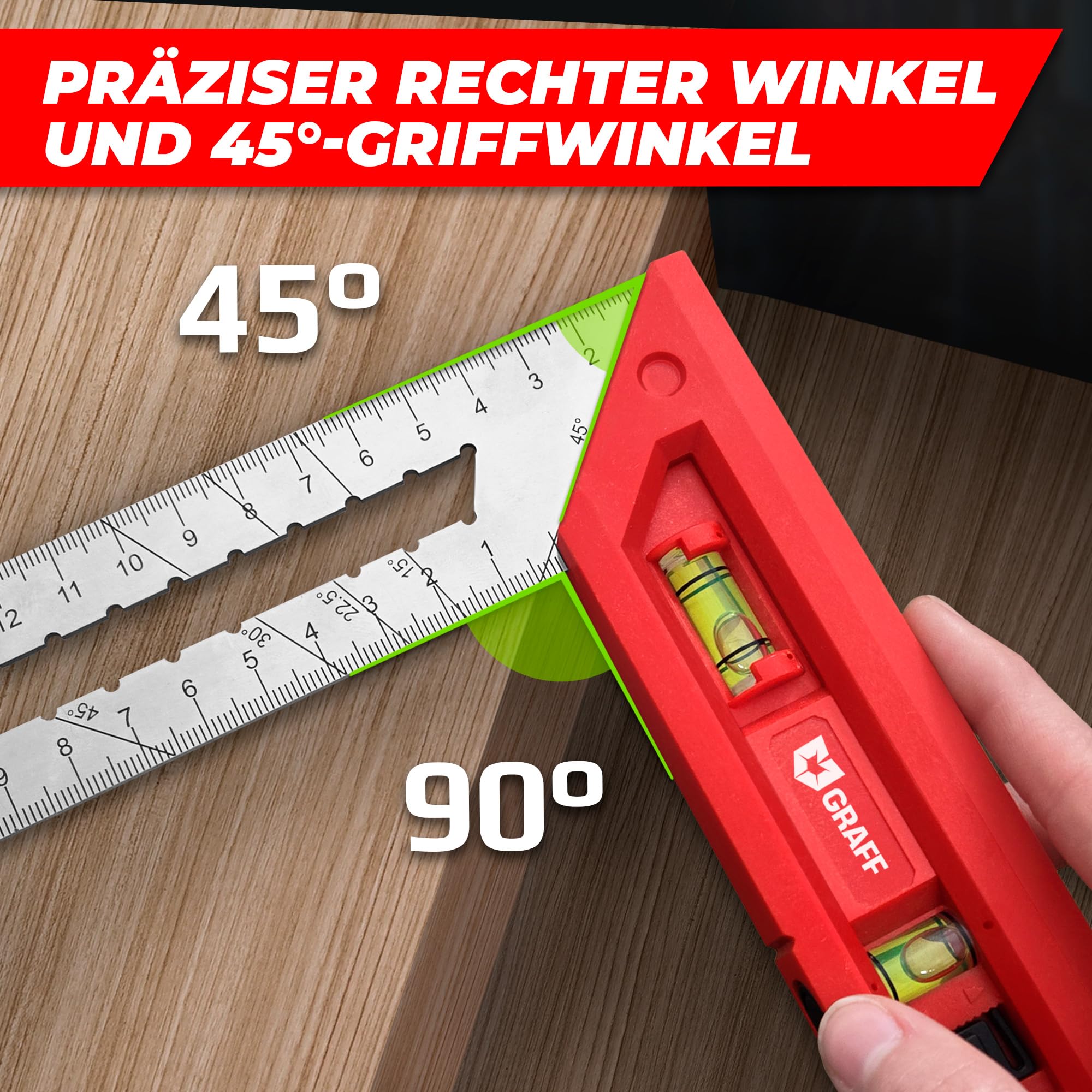GRAFF Squadra da falegname 300 mm 90°/45° doppia livella a bolla acciaio inox