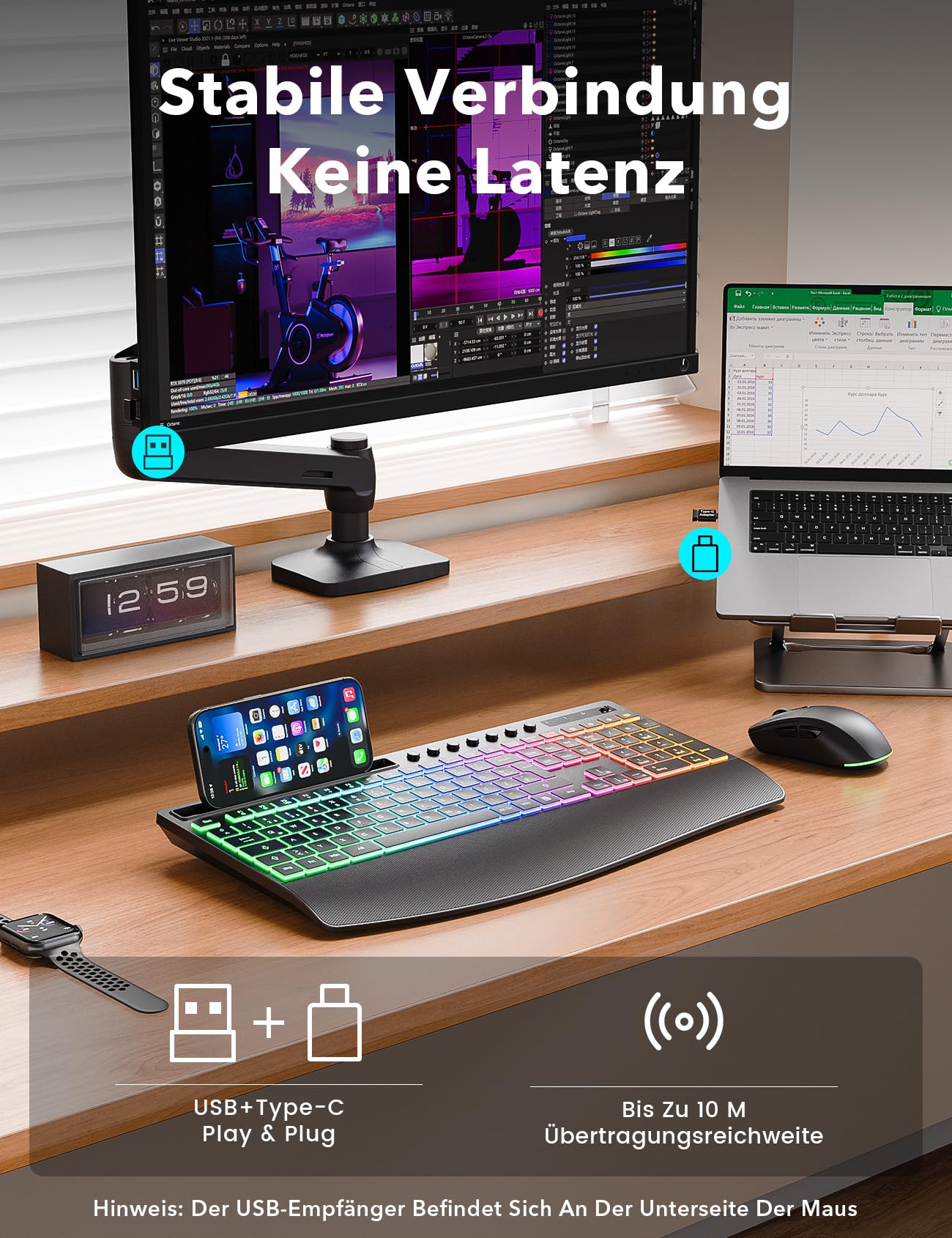 Tastatur Maus Set kabellos Beleuchtete, Wiederaufladbare Tastatur mit 4000 mAh Akku, Telefonhalter, Leise Tippen in Voller Größe, 3 DPI Maus, 2,4GHz USB-A/USB-C für Chrome OS/Window/PC- KM22 Ultra