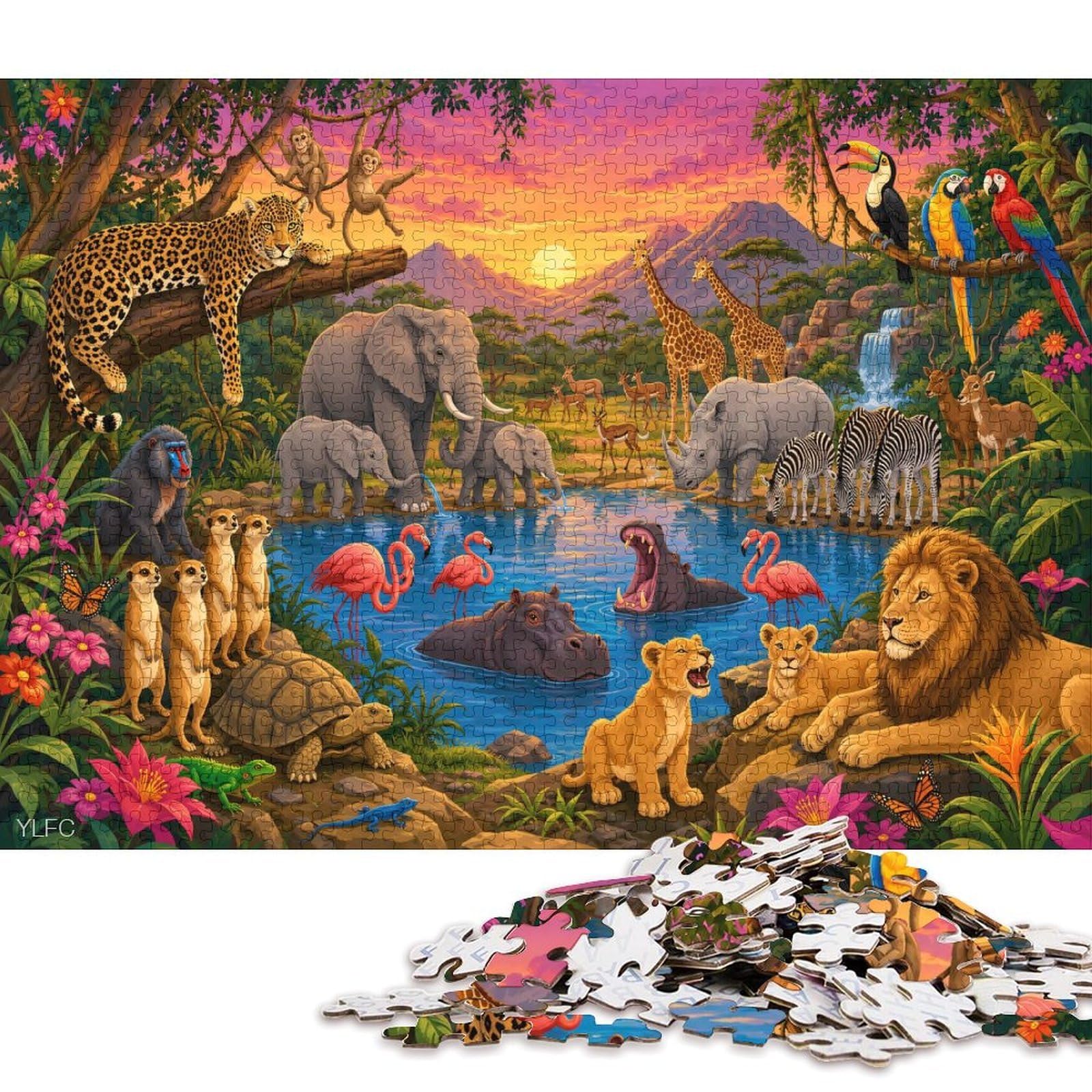 African Savannah Wildlife Animals 300 Piece Wooden Jigsaw Puzzle,Adults & Kids 14+,Stress Relief,Whimsical Challenge,Home Wall Decor,Gift Idea,Wood,Educational Toy (40x28cm)