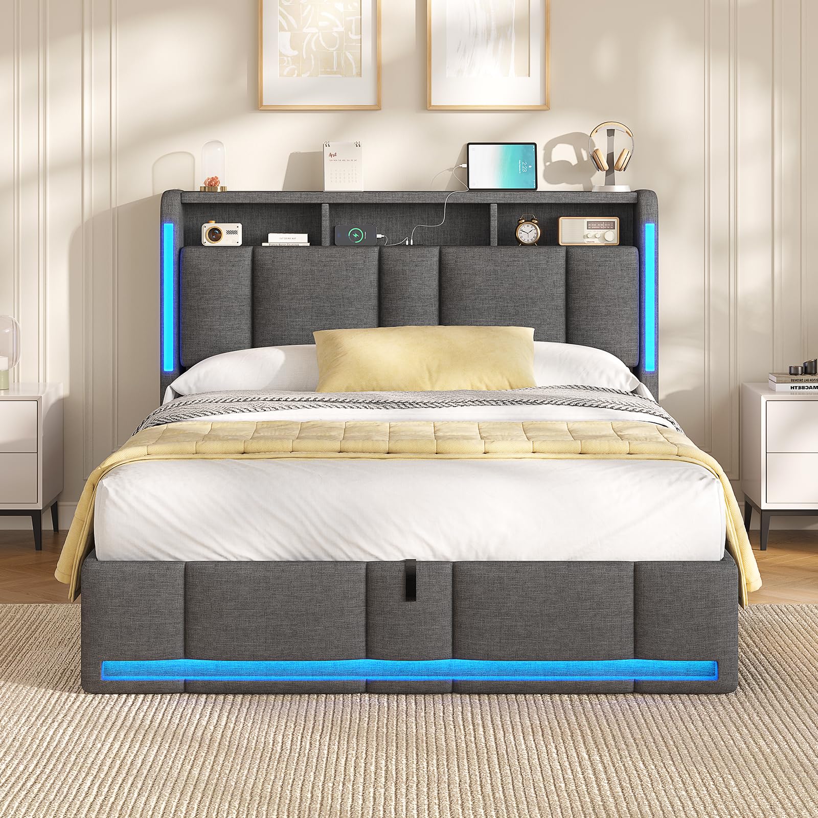 AOGLLATI Letto 140x190 cm con Sollevamento Idraulico, Letto Contenitore Matrimoniale con Illuminazione a LED e Stazione di Ricarica, Struttura Letto Matrimoniale con Testiera Imbottita, Grigio Scuro