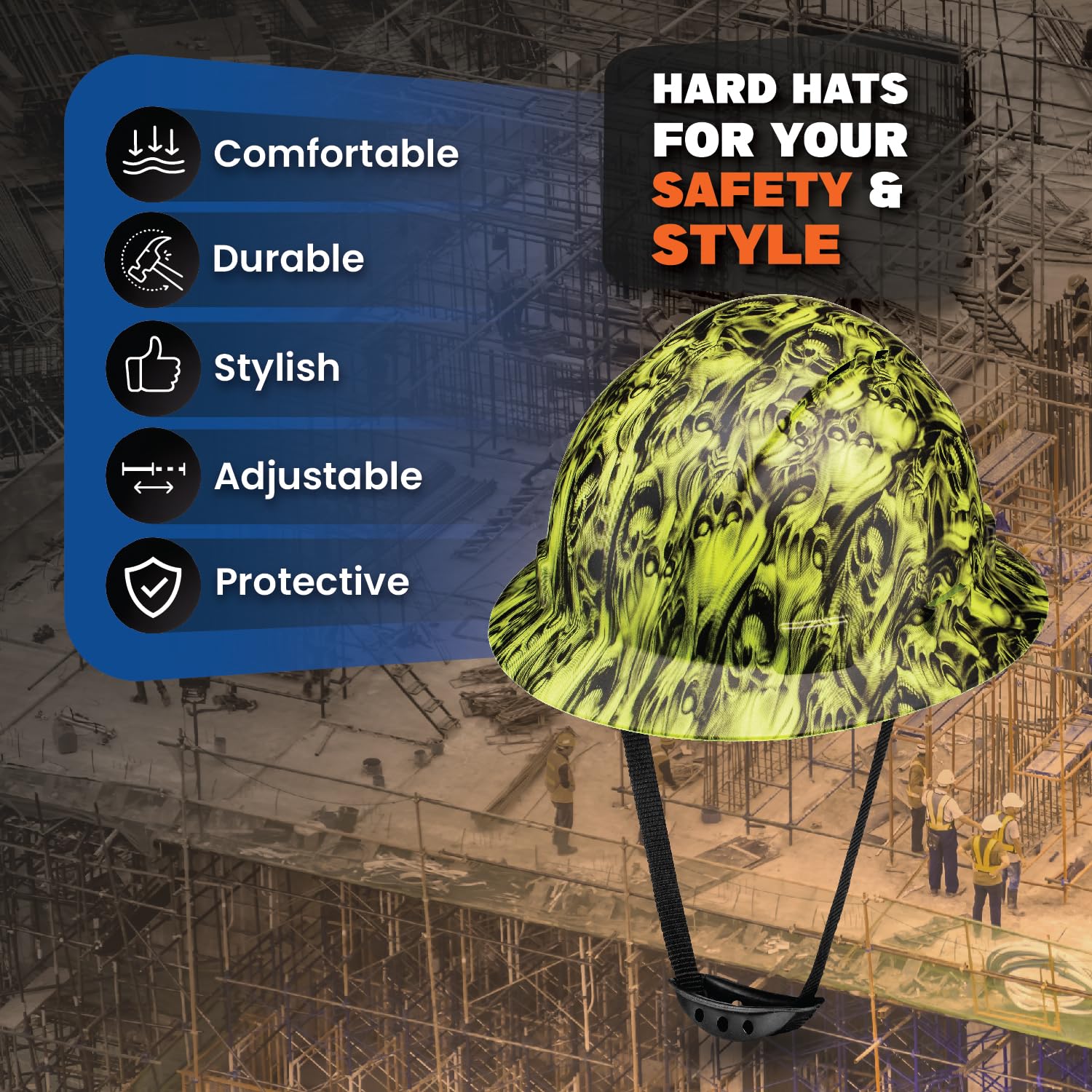 ACERPAL Full Brim Non-Vented Three Wise Hi-Vis Skulls Tattoo/Skull Design Matte Finish OSHA Hard Hat with 6-Point Suspension