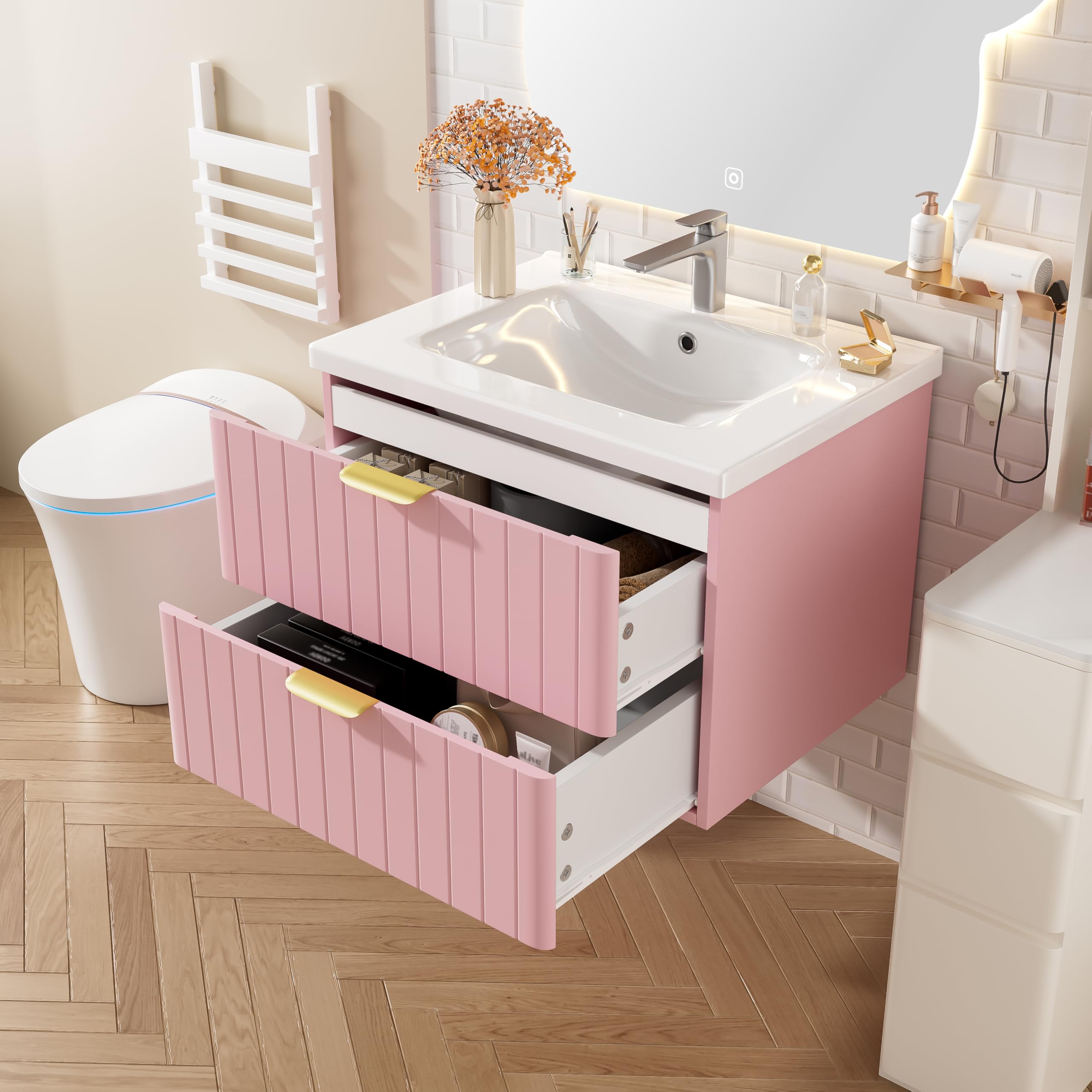 Armario colgante para lavabo individual, 50 x 60 cm, con lavabo, doble almacenamiento, tablero DM resistente a la humedad, color rosa y blanco