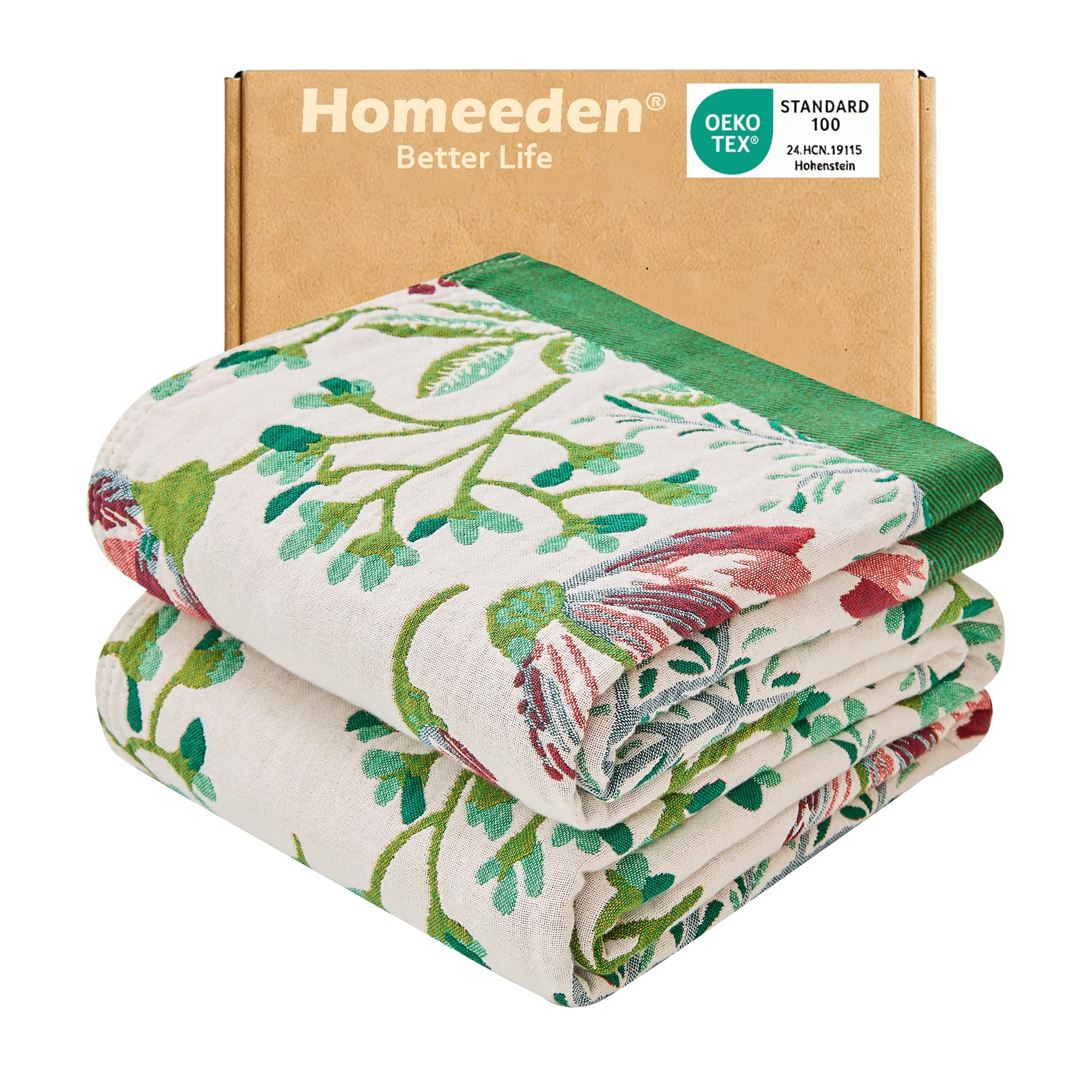 Homeeden 100% Cotton Bed Throw Blanket King, Bohemian Double-sided Large Soft Bed Blanket, Green Throw for 2 3 Seater Settees, Luxury Floral Decorative Bedspread-230x275cm