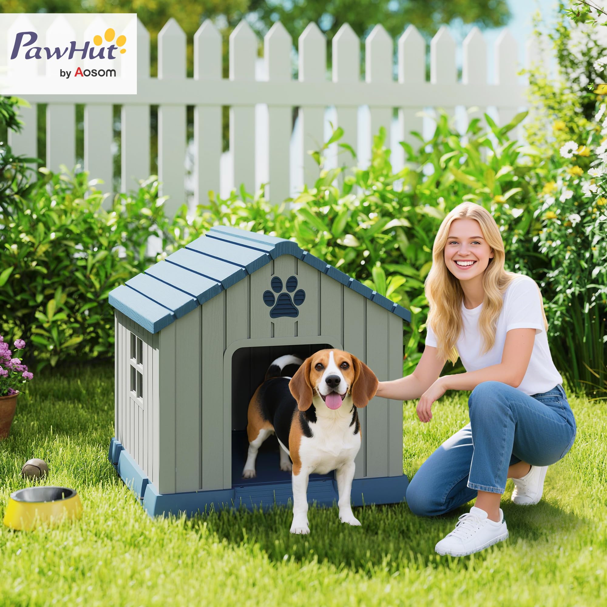 PawHut Niche pour Chien extérieur en polypropylène imperméable, ventilé, Ultra Facile à Assembler, Maison Chien extérieur, Plancher surélevée et bouches d'aération, Jardin, terrasse, intérieur, Gris
