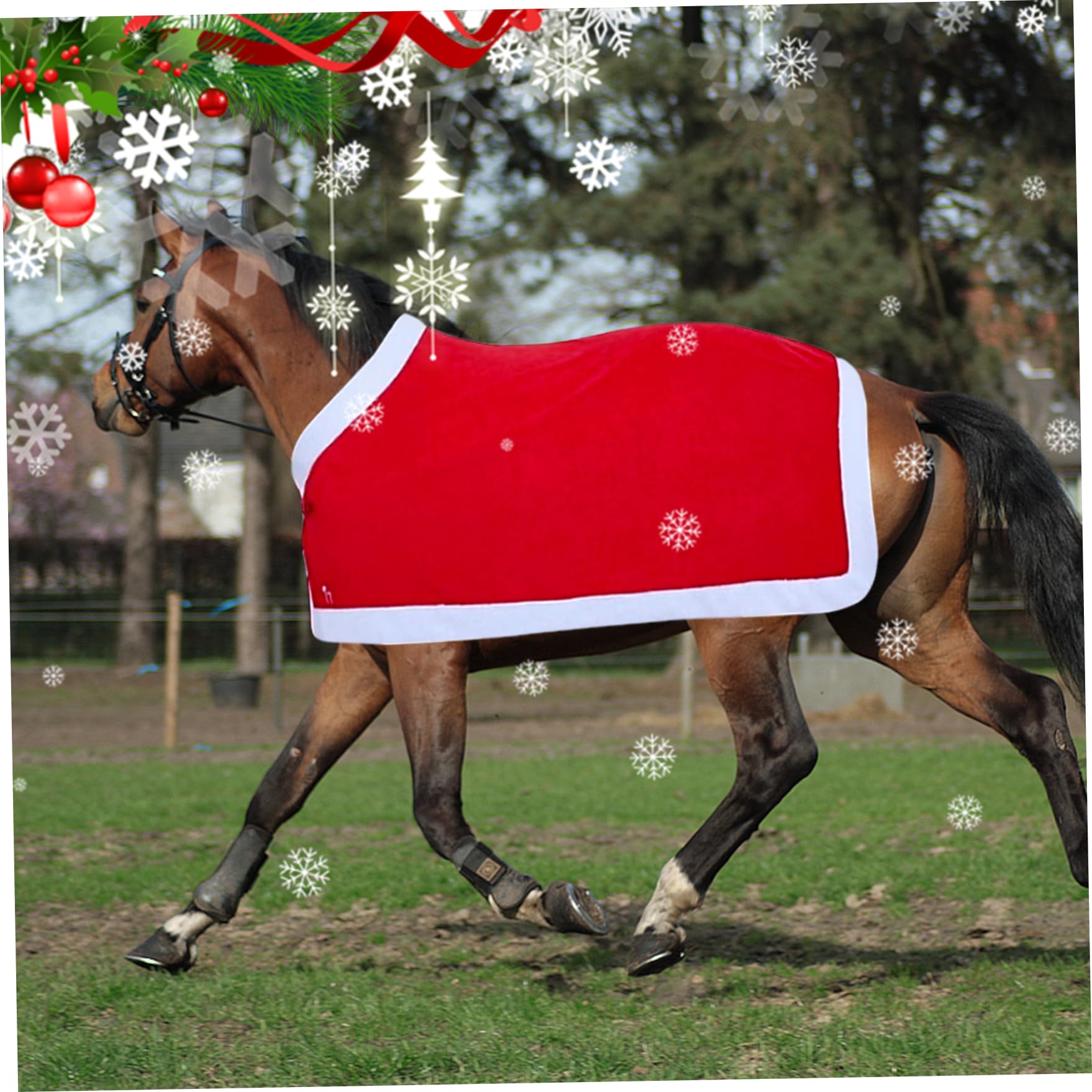 Manta de Caballos de Navidad, Suave vellón de Invierno, Mantas de Caballo cálido, Hojas de Caballos Rojos de Navidad para decoración de Caballos de Navidad