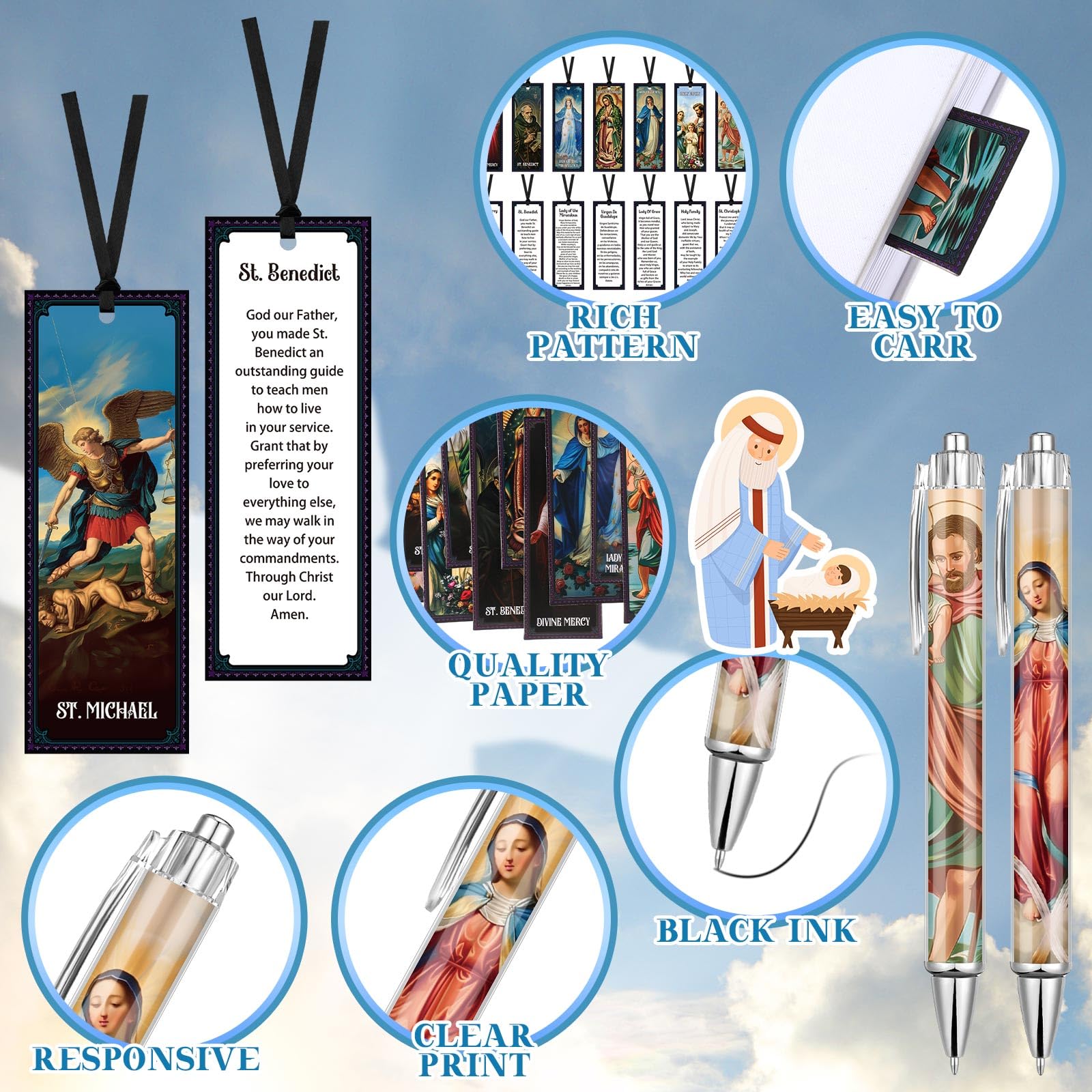 Sayglossy 40 Pcs Catholic Bible Gifts Set 20 Christian Ballpoint Pens ＆20 Prayer Bookmarks Religious Saints Jesus Virgin Mary Gifts Bulk for First Communion Baptism Confirmation Lent Favors(Classic)