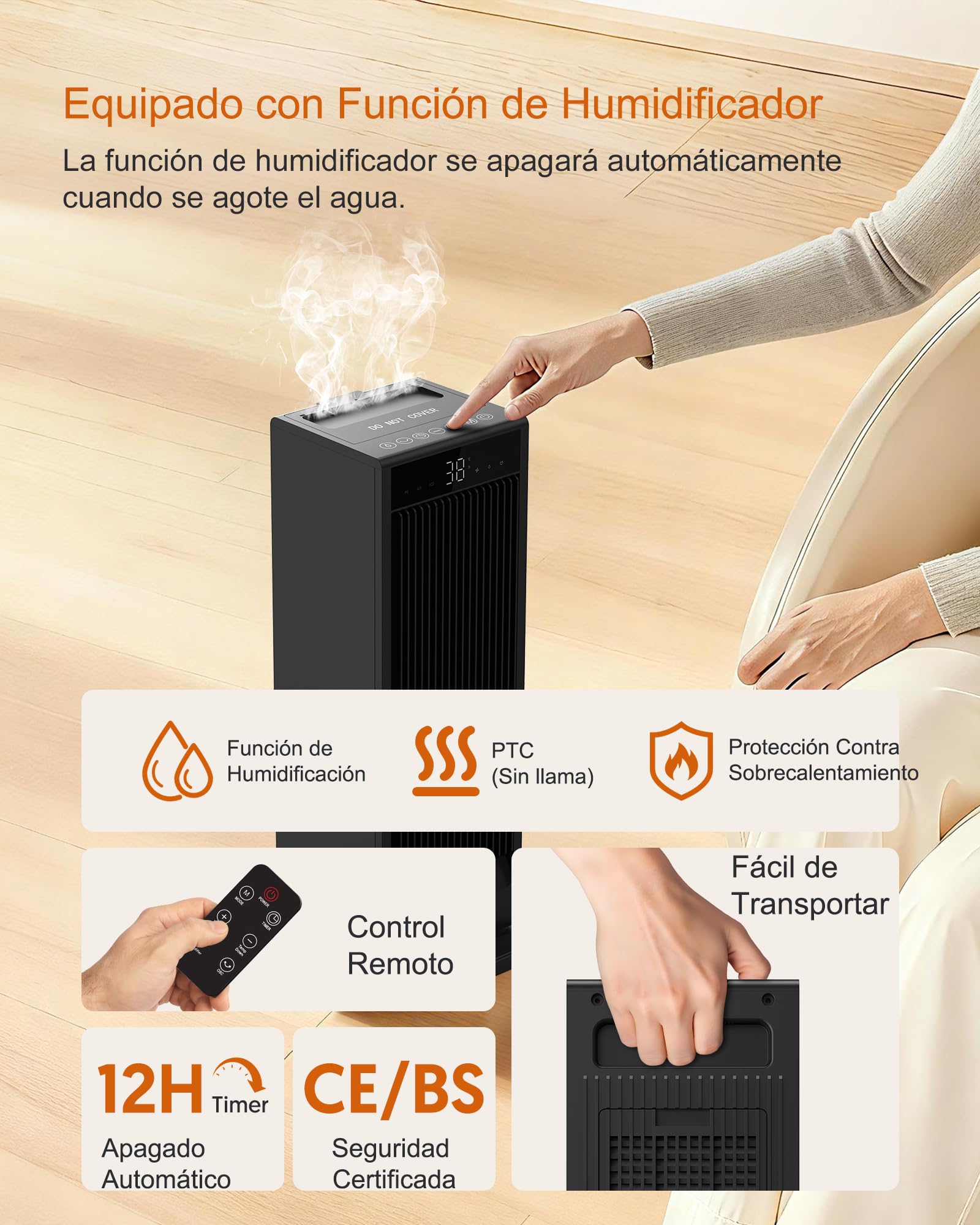 Calefactor PTC De Bajo Consumo 2000W - 3 Modos, Protección Antivuelco, Ideal Para Habitaciones Pequeñas
