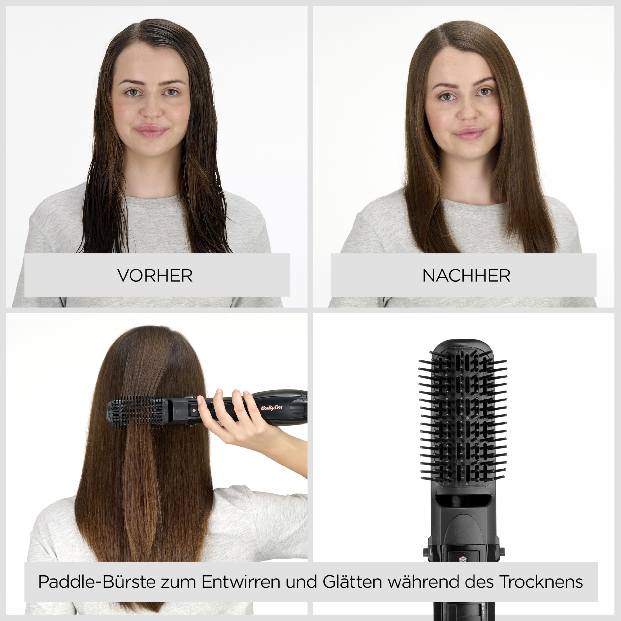 BaByliss Smooth Finish 1200 – 4‑in‑1 Warmluftbürste zum Trocknen, Formen, Glätten & Volumenstyling, Ionen‑ & Keramiktechnologie, 4 Aufsätze, 1200W, Schwarz/Pink, AS122E