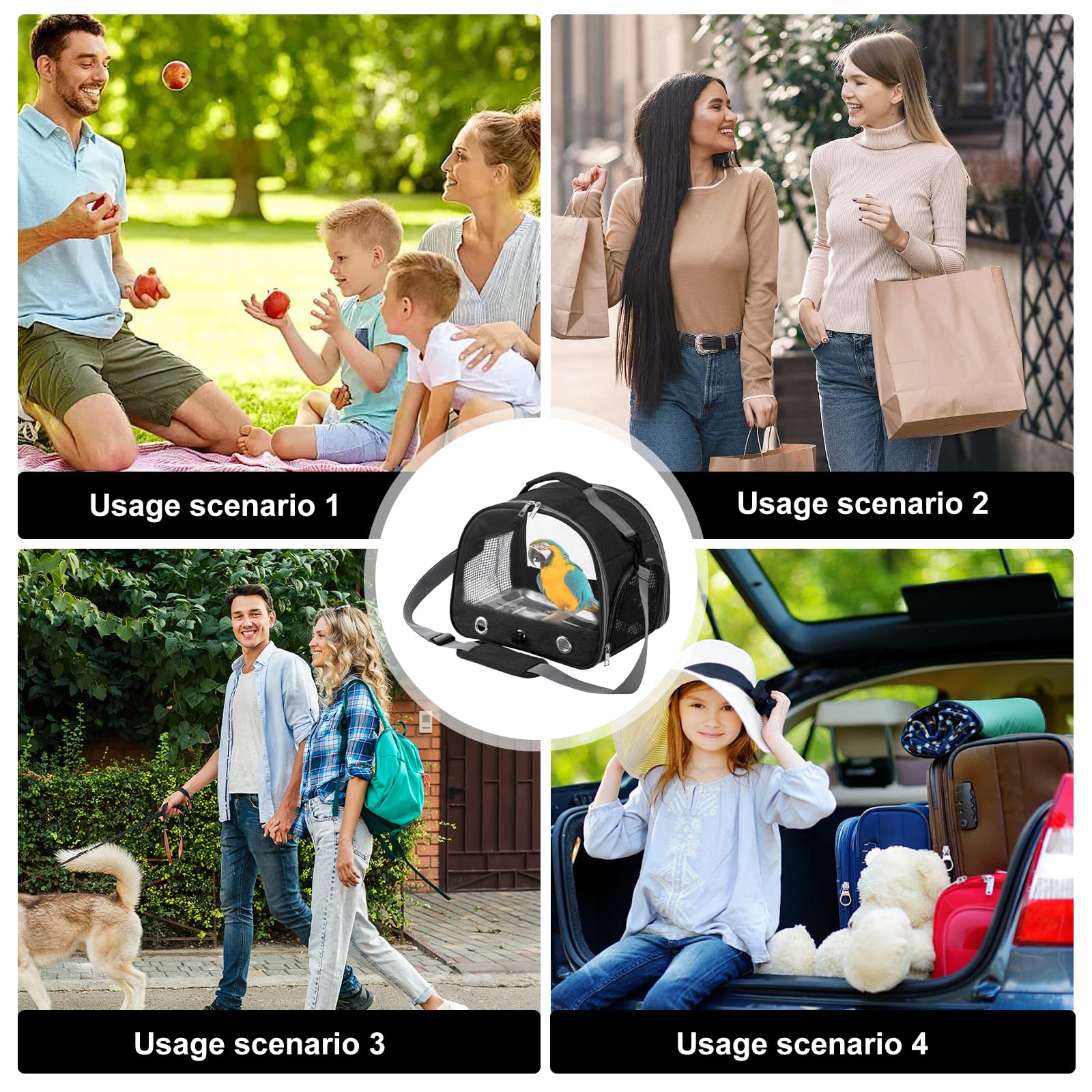 Transportbox Transportbehälter für Vögel: Rucksack für Vögel mit Sitzstange und Edelstahl Bank, leichte Atmungsaktiver Transportbox, Haustier Reisekäfig für Papageien Periquitos (Negro)