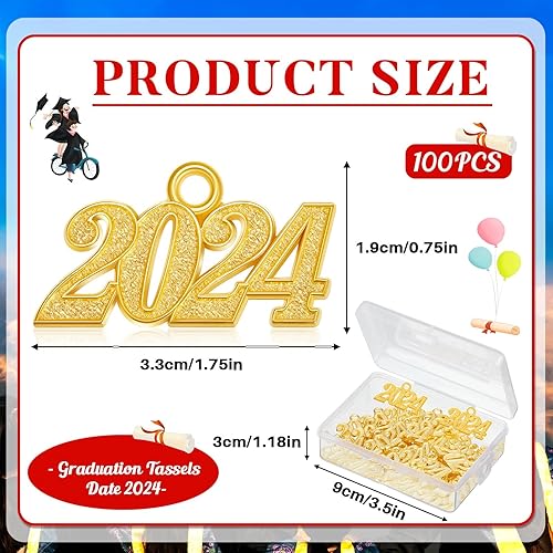 Miniatura 2 de 60 dijes para graduación con borla de graduación, dije de borla de oro con caja de almacenamiento para hacer joyas, bricolaje, collar, pulsera,