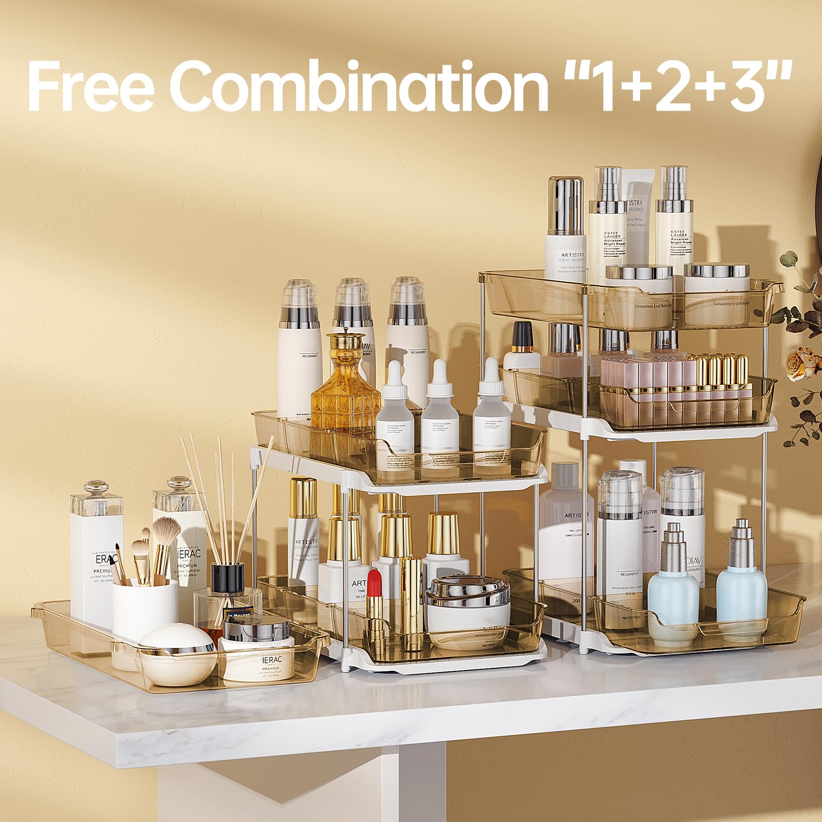 Delamu Confezione da 2 organizer da bagno a 3 ripiani, multiuso, impilabili, per dispensa e stoccaggio, estraibili, trasparenti, con divisori mobili, color ambra
