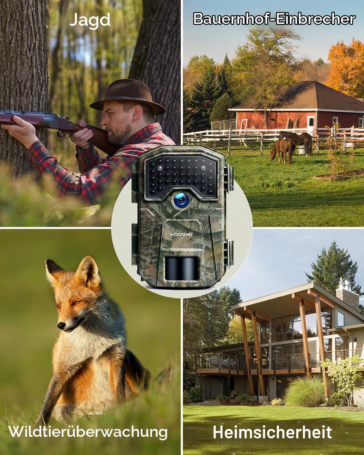 WOLFANG Wildkamera, 4K 48MP Trail Kamera mit 36pcs 940nm IR LEDs Nachtsicht Aktiviert Wasserdicht IP66 Jagdkamera mit 2.4'TFT Display für Wildlife Garten Überwachung