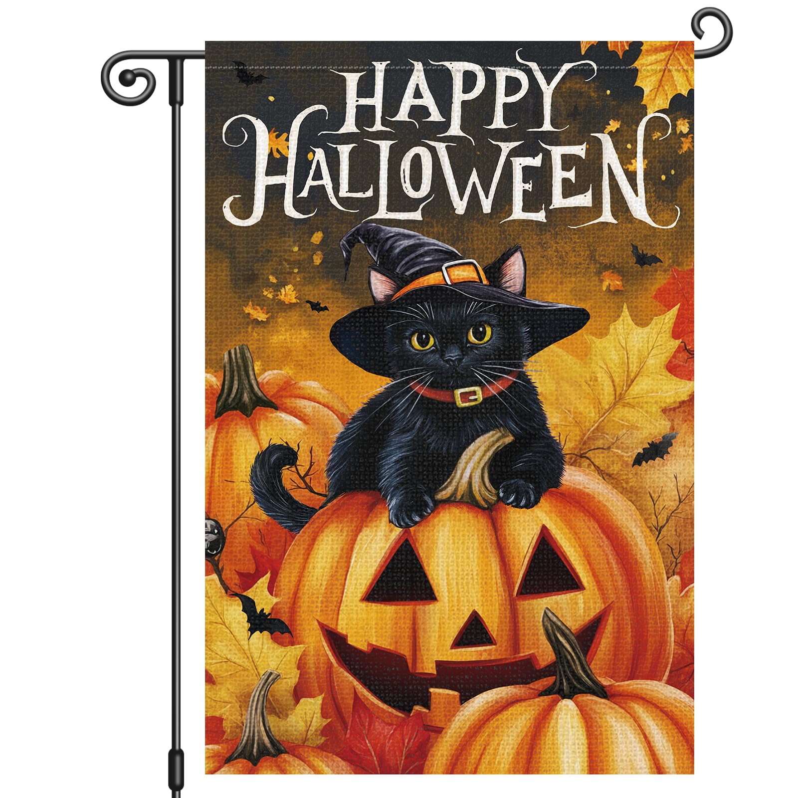 Louise Maelys Happy Halloween Garden Flag Black Cat Witch Hat Pumpkin 12x18 Inch Double Sided Boo Holiday Seasonal Fall Autumn Small Burlap Yard Sign Outside Outdoor House Decoration