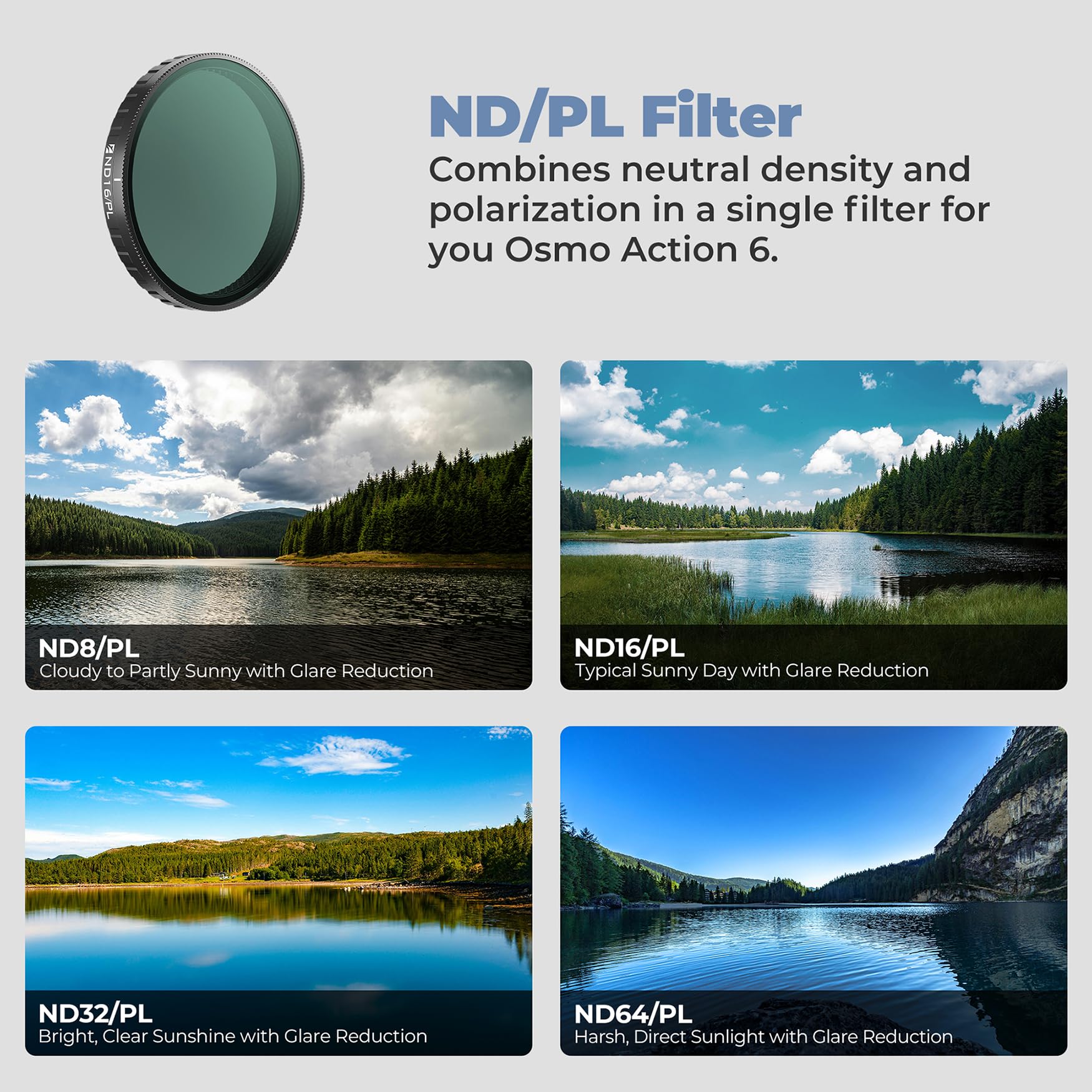 Freewell ND/PL zestaw filtrów polaryzacyjnych do DJL Osmo Action 6 – | ND8/PL, ND16/PL, ND32/PL, ND64/PL niezbędny do nagrywania w świetle dziennym i lepszej przejrzystości