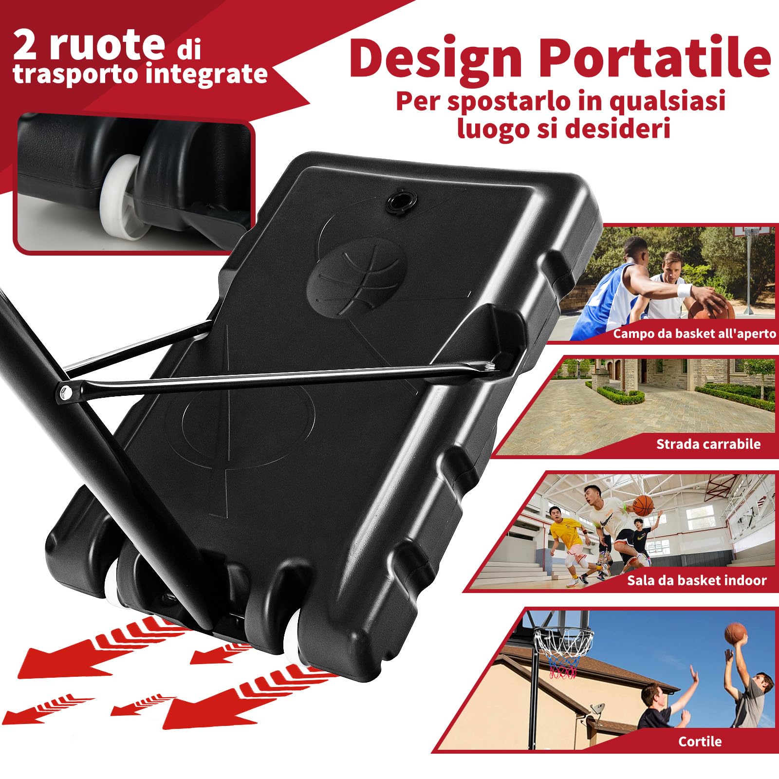 COSTWAY Canestro da Basket Portatile per Adulti, Canestro Basket Regolabile in Altezza 1,3M-3,05M con Ruote Tabellone Infrangibile e Retina Durevole, Adatto a Interno Esterno, Nero