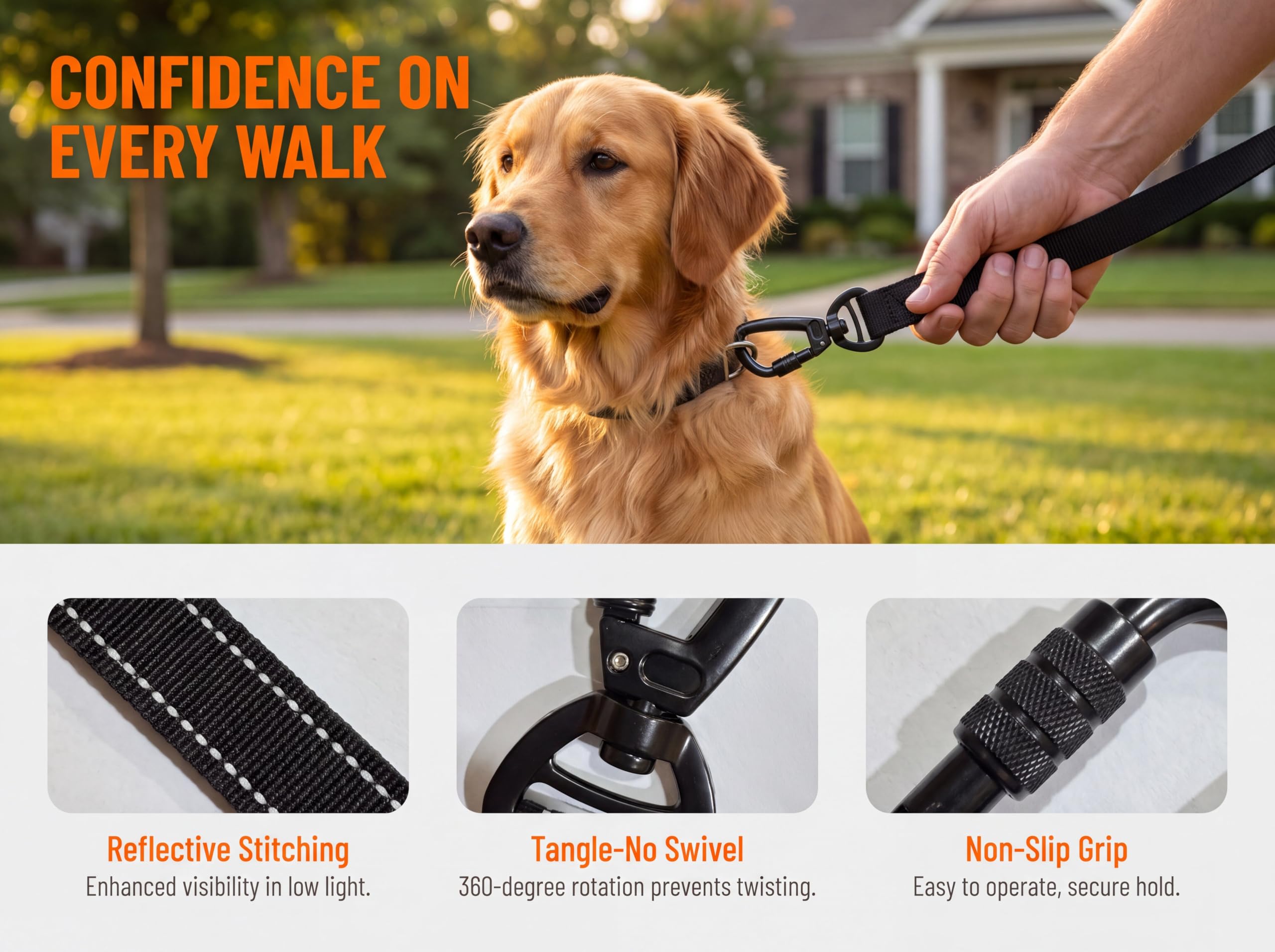 Lot de 2 laisses robustes anti-traction avec élastique absorbant les chocs pour grands chiens jusqu'à 50 kg, 1,8 m anti-enchevêtrement