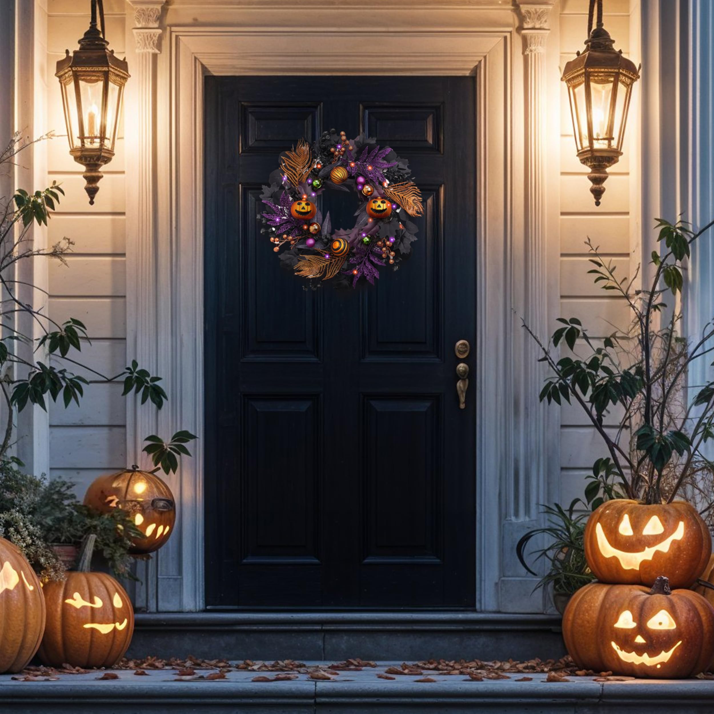 Valery Madelyn Corona de Halloween para puerta delantera con luces, corona de calabaza preiluminada de 18 pulgadas, decoración de Halloween para el hogar, porche, centro de mesa, ventana, interior