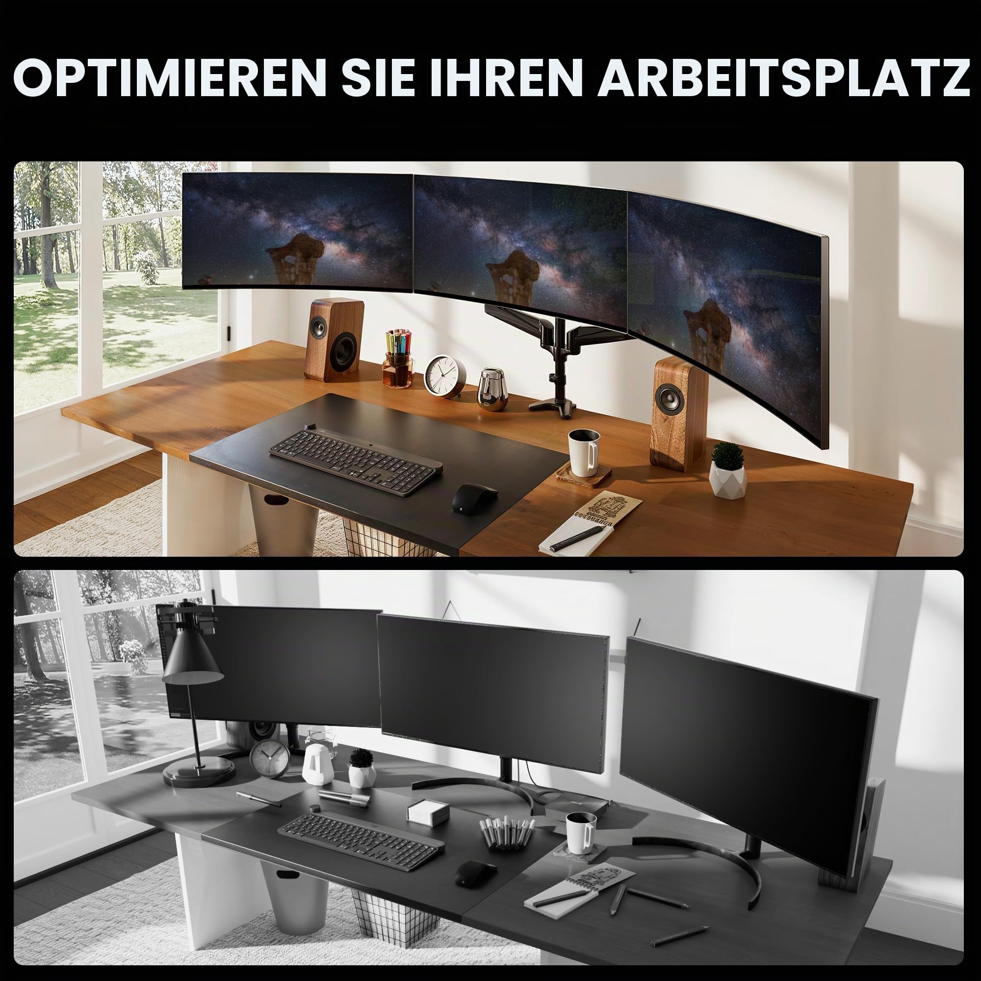 HUANUO Monitor Halterung 3 Monitore für 17-32 Zoll Bildschirme, Bildschirmhalterung 3 Monitore Höhenverstellbar, Monitorarm, Tragen Sie 8 kg pro Arm, Schwarz Gaming