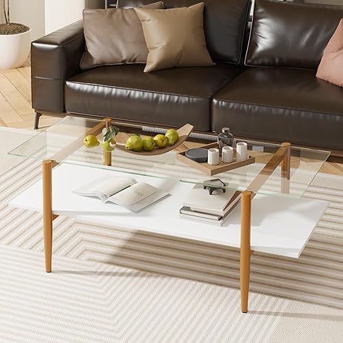 Mesa de centro de cristal, mesa central rectangular para sala de estar con patas doradas, mesas decorativas modernas de mediados de siglo con