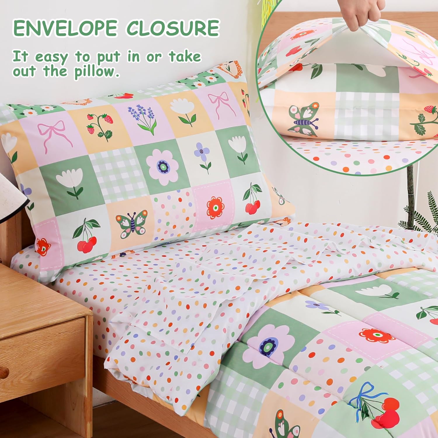 Mooreeke 4 Pieces Toddler Bedding Set - Green Floral Butterfly Toddler Comforter Sets for Girls, Includes Comforter, Flat Sheet, Fitted Sheet and Pillowcase, Bed in A Bag for Baby Bedroom