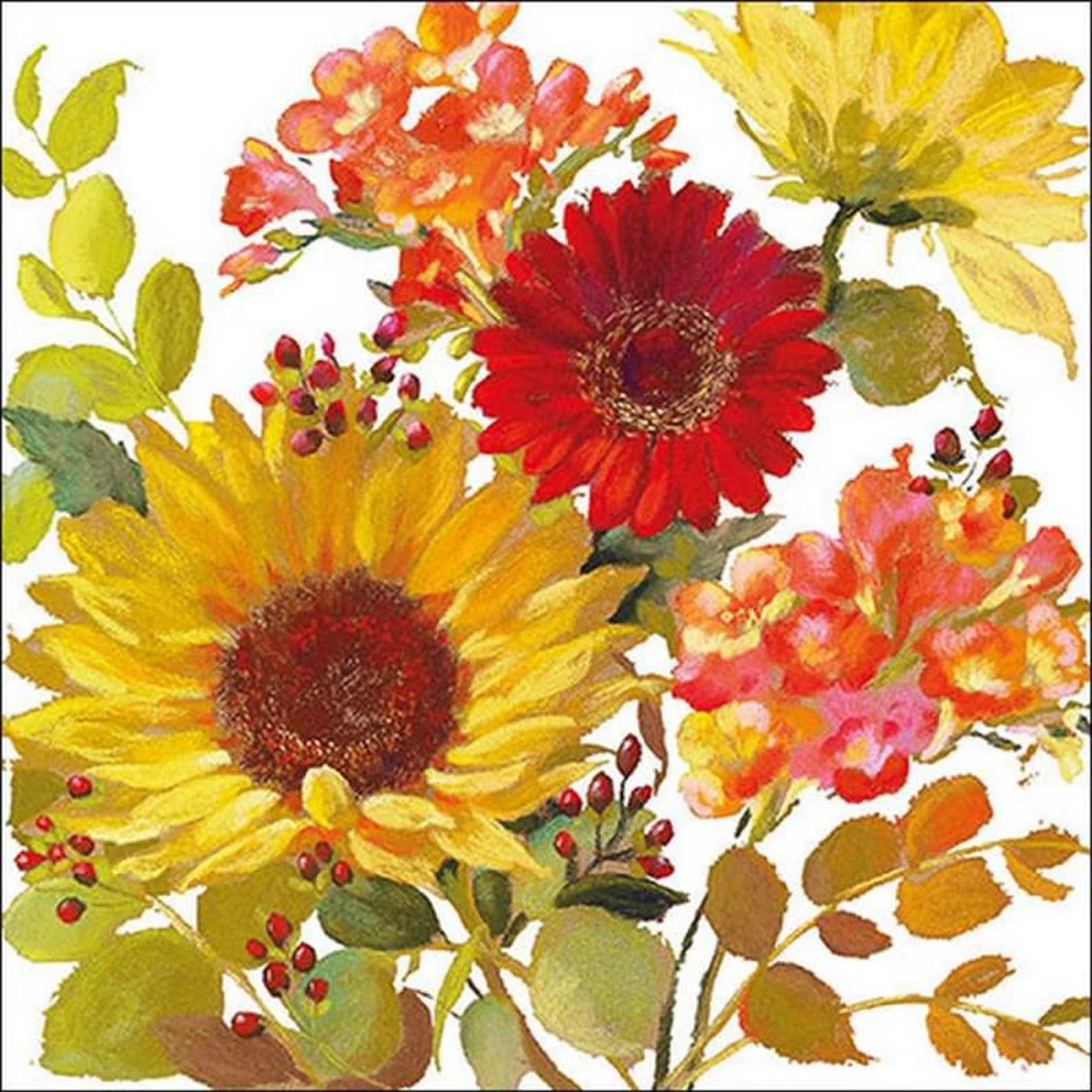 Set of 2 Individual Decoupage Paper Party Napkin Sunflowers Flowers Autumn Watercolor Decor Luncheon Napkins for a Birthday Holiday, Wedding, Cocktail Party