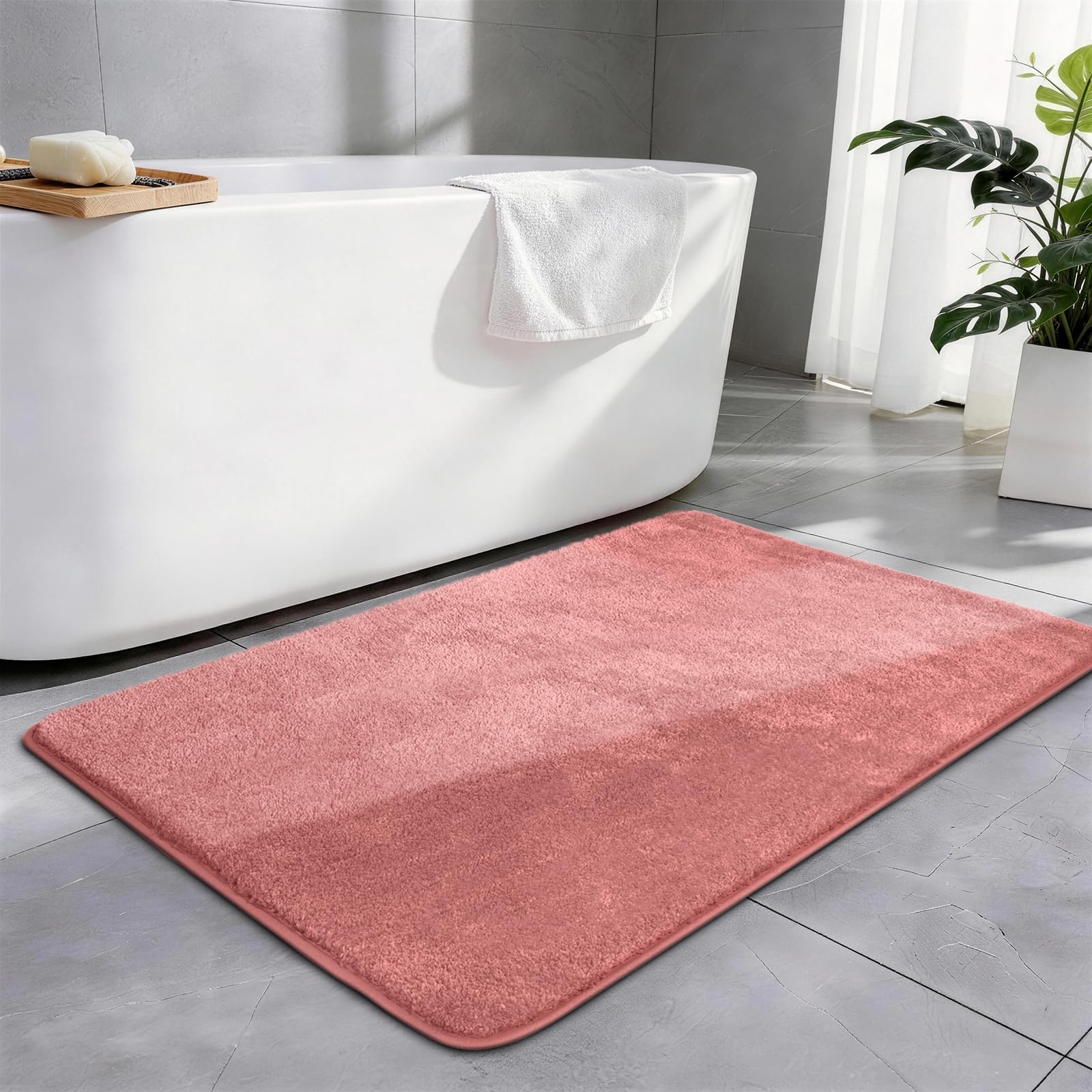 SOANNY Single Bath Mat 60 x 90 cm, Non-Slip, Absorbent, Machine Washable, Soft Shaggy Bathroom Rug, Carpet for Sink Area, Hallway, Kitchen, Entryway, Laundry, Bedside or Patio Door, Pink