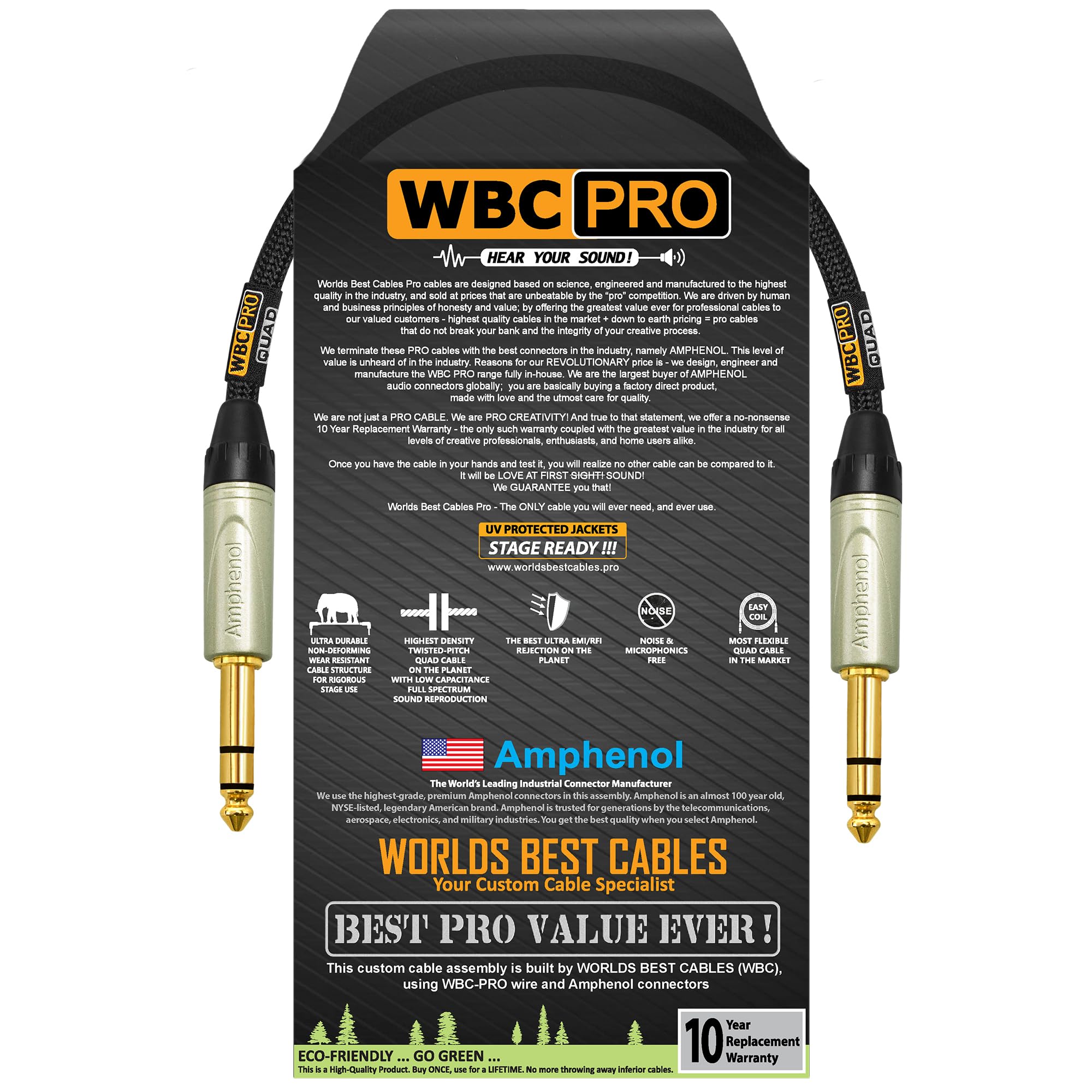 2 Foot - WBC-PRO-Quad Ultra-Silent Ultra-Flexible Balanced Star-Quad Cable with Amphenol QS3P-AU ¼ Inch (6.35mm) Gold Straight TRS Stereo Phone Plugs