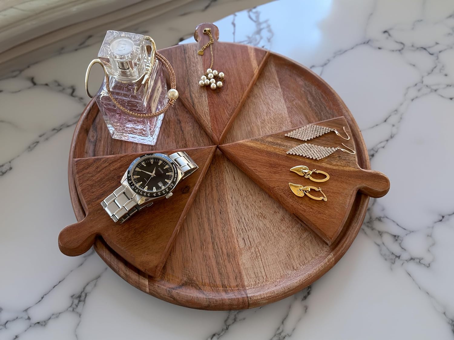 PIzza Serving Board - Wooden Serving Tray 12' Inch Dia - 6 Individual Charcuterie Boards and a Pizza Plate. The Ultimate Pizza Serving Tray Experience.