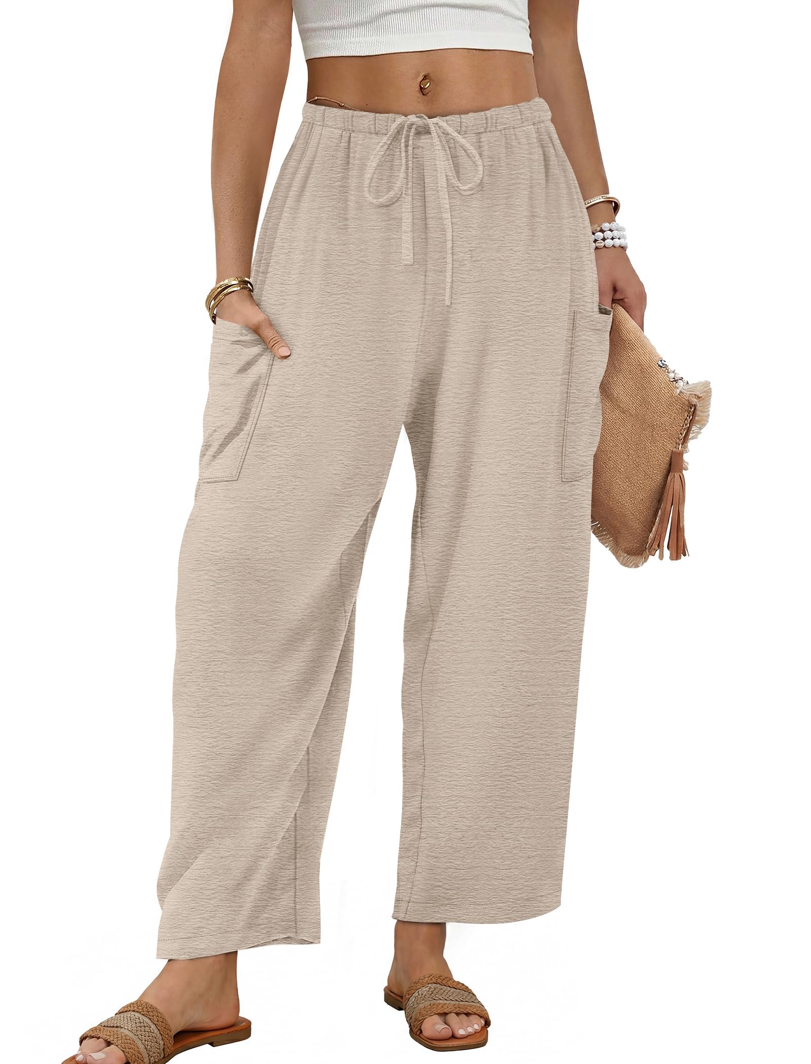 Sampeel Wide Leg Pants for Women Barrel Flowy Palazzo Elastic Waist Trousers with Pockets Summer Beach Vacation Outfits
