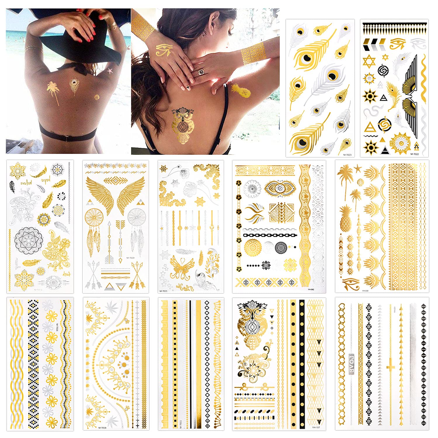Konsait 12 Sheets Metallic Temporary Tattoos 150 Shimmer Designs 