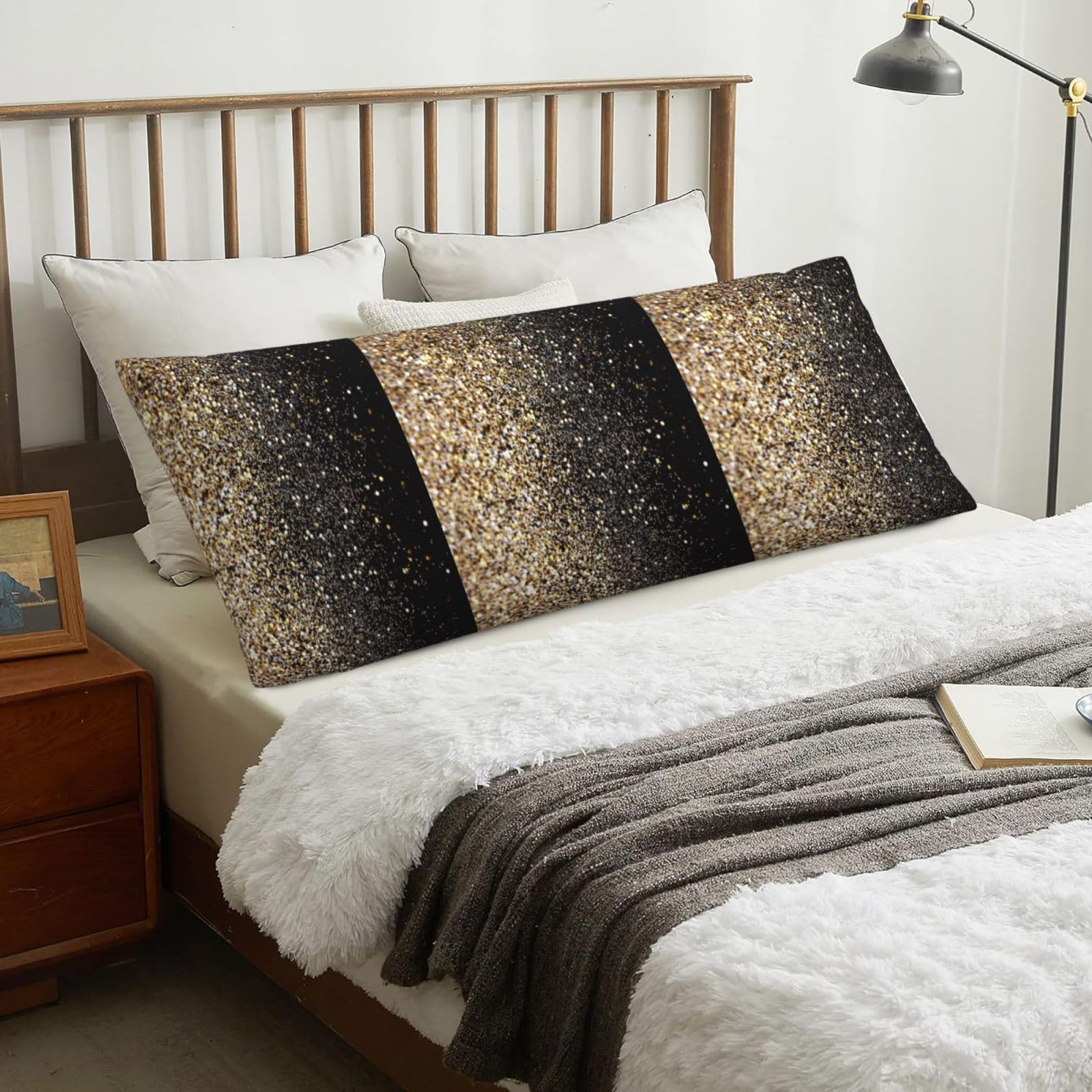 Golden Glitter Black Gold Dots, Body Pillow Cover with Zipper,Long Body Pillowcase 20 x 60 in