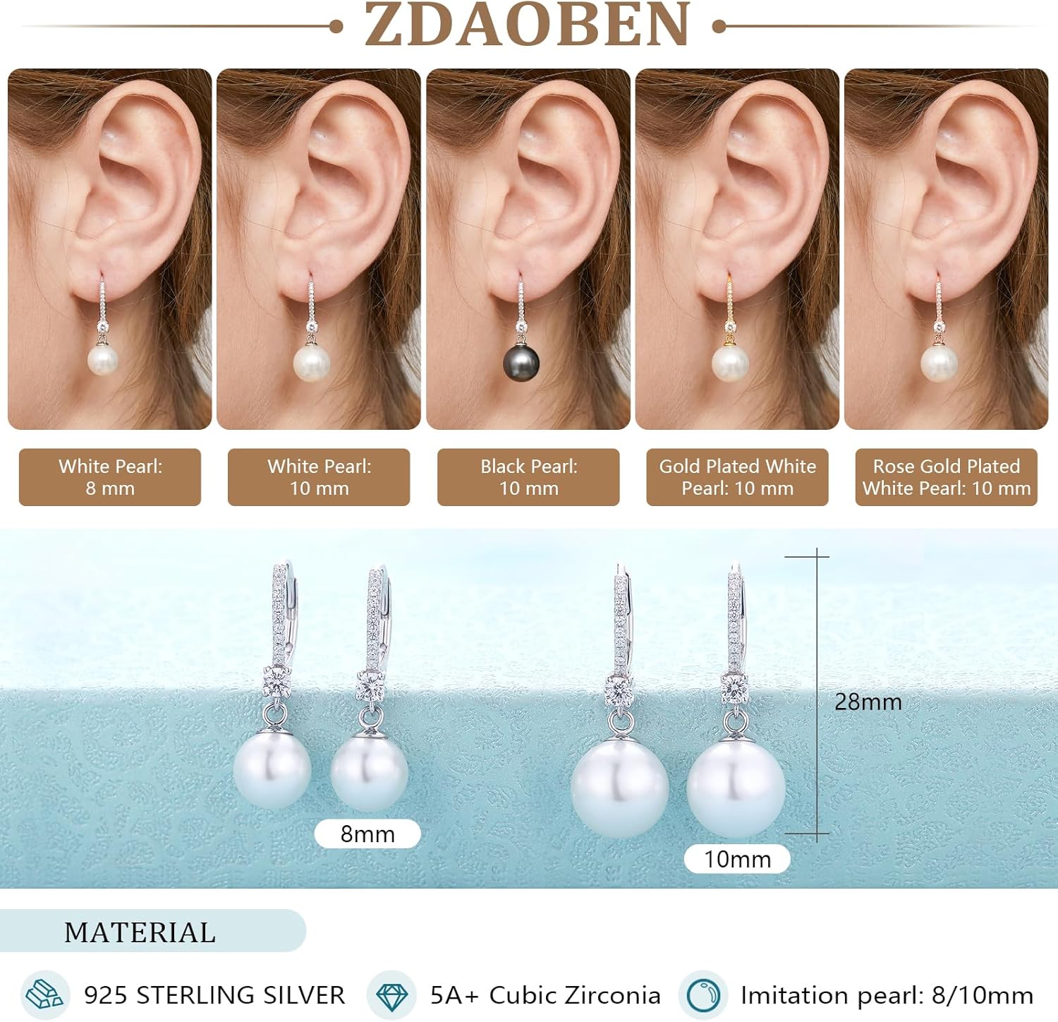 Pearl Dangle Drop Earrings 925 Sterling Silver Cubic Zirconia Pearl Earrings for Women, Pearl Jewelry Gift for Women - Image 7