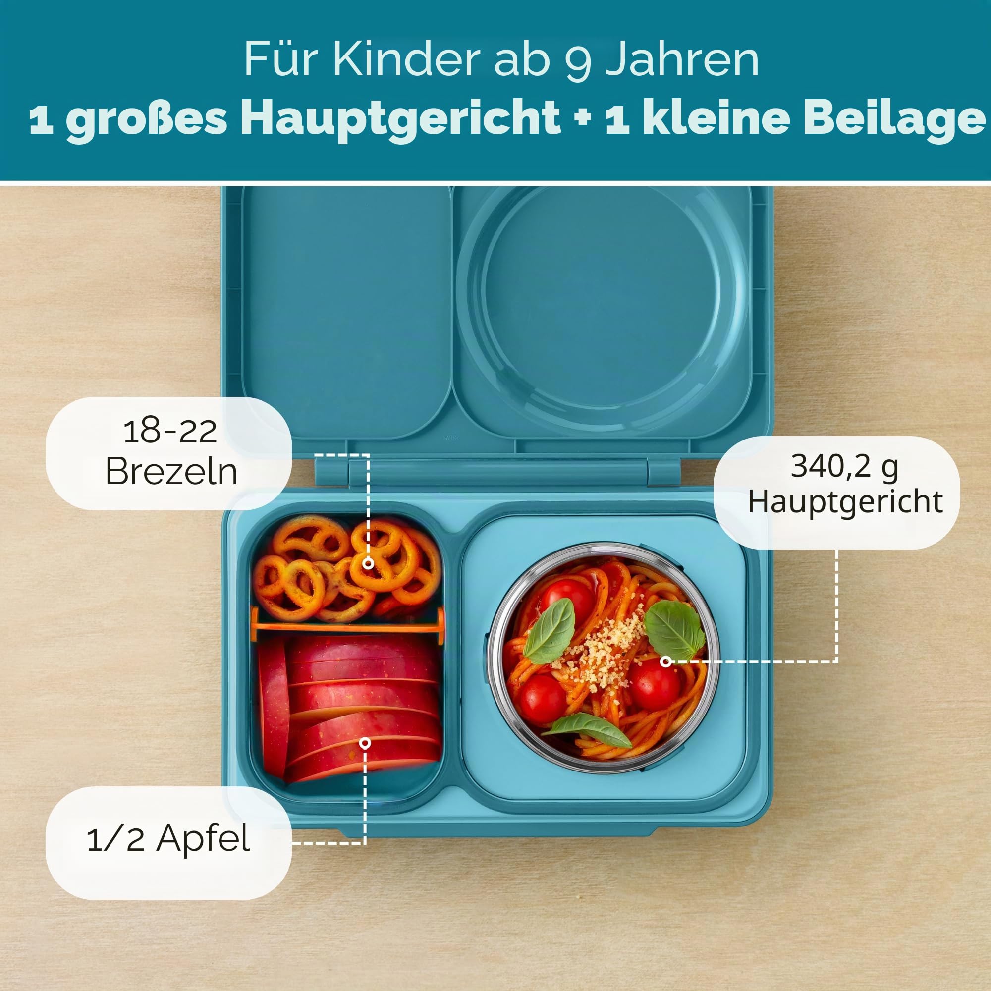 Omie Box Up Bento-Box für Kinder, isolierte Lunchbox, auslaufsichere Thermosdose, Kühler Eisbeutel, 2 Fächer, Blaugrün