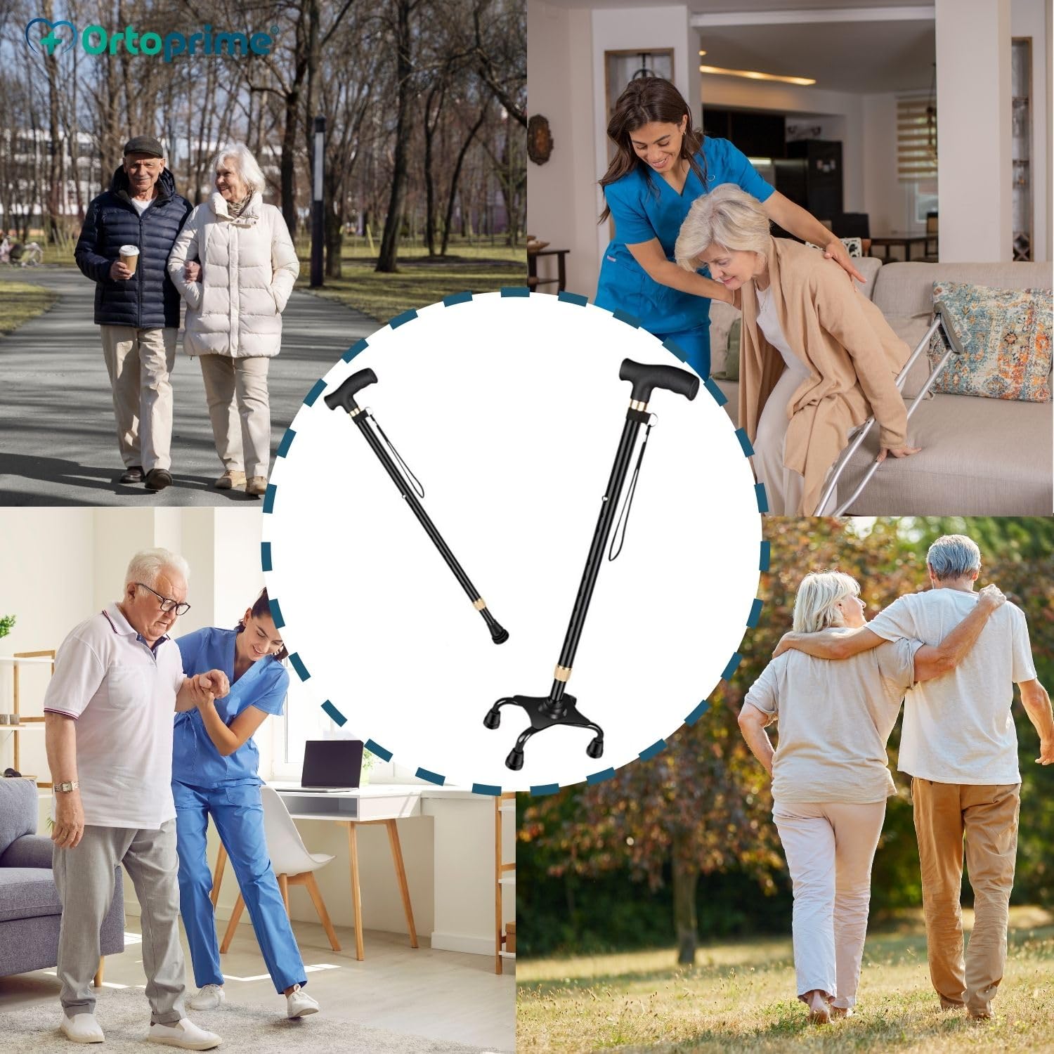OrtoPrime Bastón 4 Patas Ergonómico Bastón Cuadrípode - Bastones para Mayores Regulables - Bastones Ortopédicos Mujer Y Hombre Baston Anciano -Bastones para Caminar Modernos Baston con Cuatro Apoyos