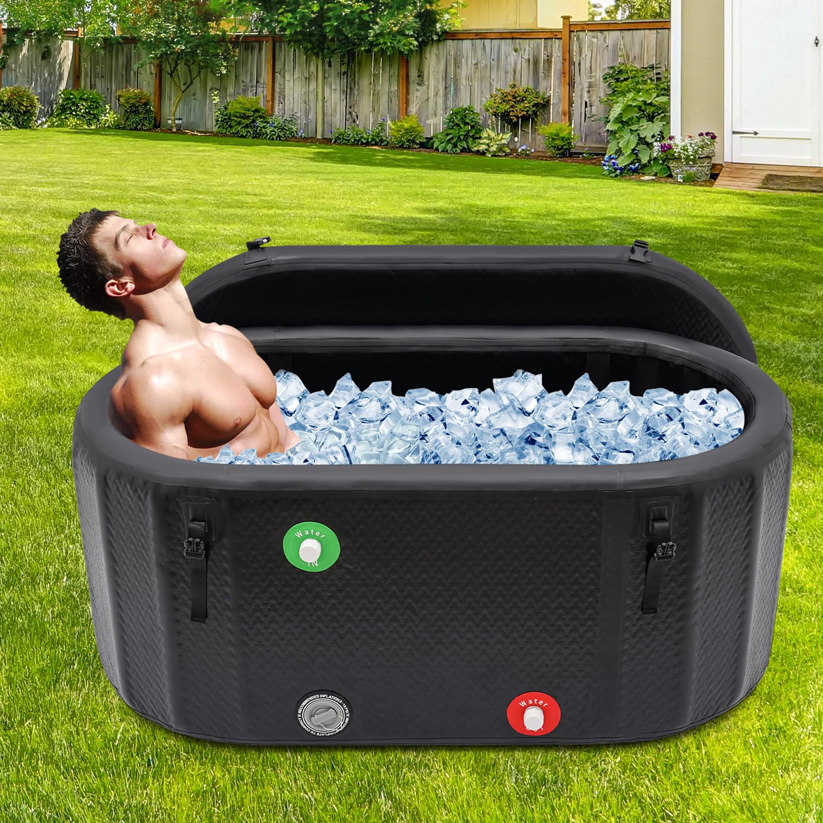 Vasca da bagno gonfiabile per adulti, secchio per il ghiaccio con coperchio da 80 mm e pompa gonfiabile, portatile e portatile (150 x 80 x 75 cm)