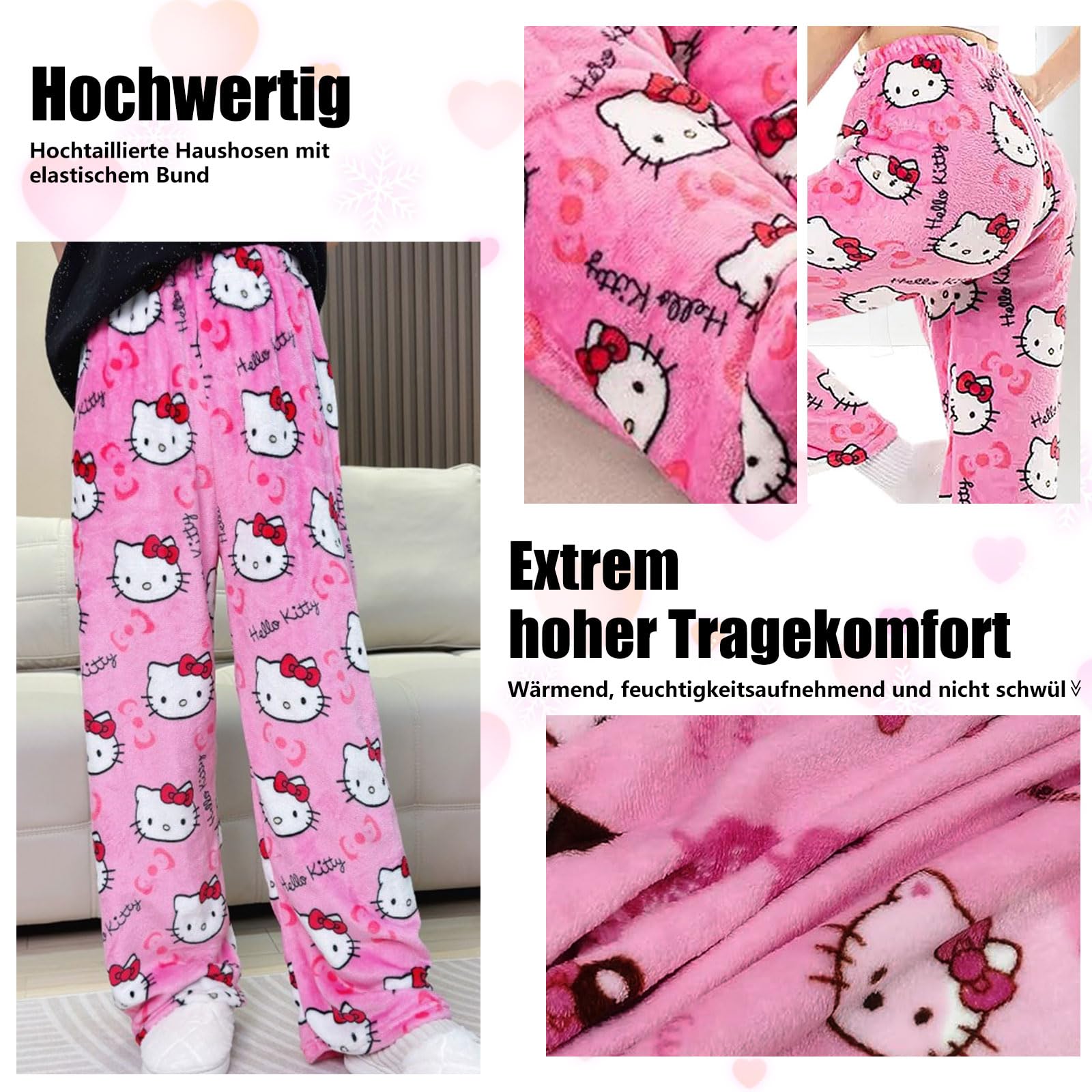 Pantalón de Pijama Anime para Mujer, Pijama de Franela Rosa con Diseño Cartoon Kawaii, Tallas EU