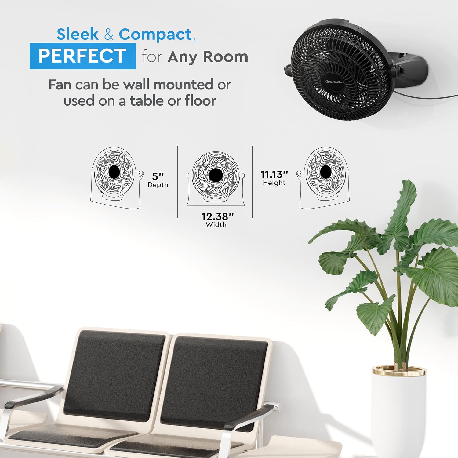 Comfort Zone PowrCurve 9" 3-Speed Wall-Mountable Floor Fan with 180-Degree Adjustable Tilt, 6-Blades, (Bracket Included), CZHV101BK