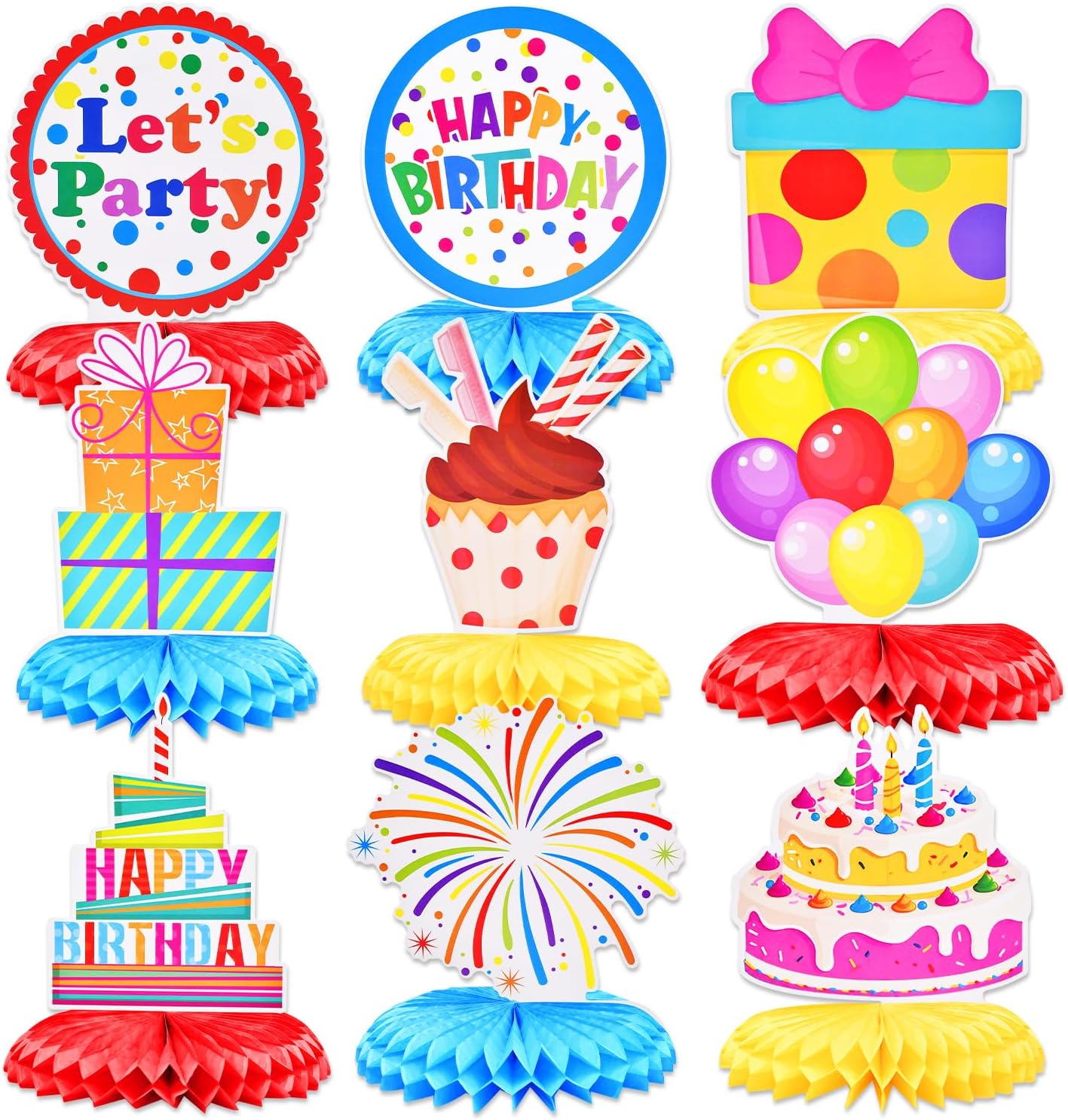 9 Pieces Birthday Honeycomb Centerpieces Table Decor, Colorful Cake Balloon Gift Box Happy Festive Pattern Table Topper Ornaments Signs, Fun Birthday Party Decorations